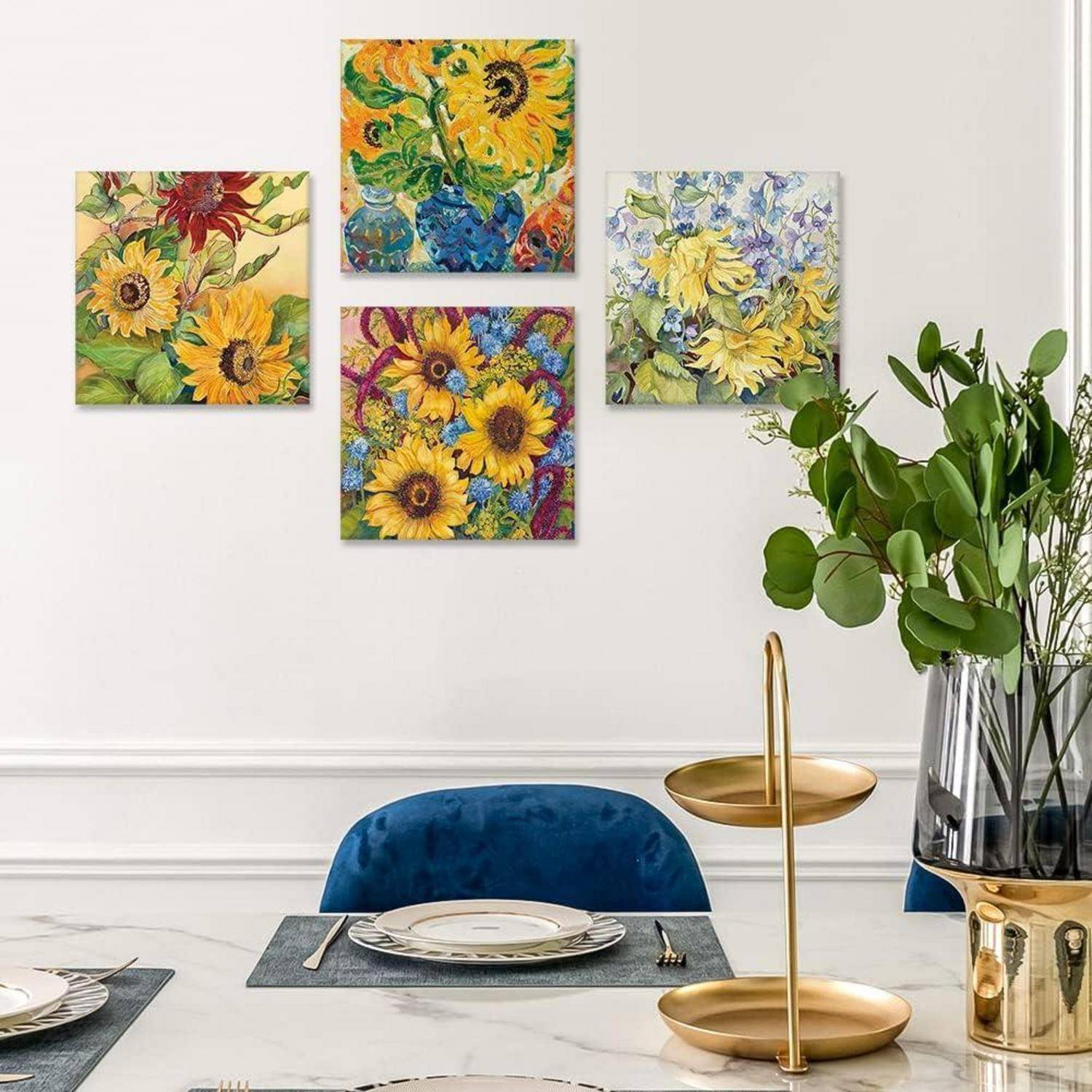 Moderne Sonnenblumen Leinwandbilder 4-teilig 30x30cm Wanddekoration