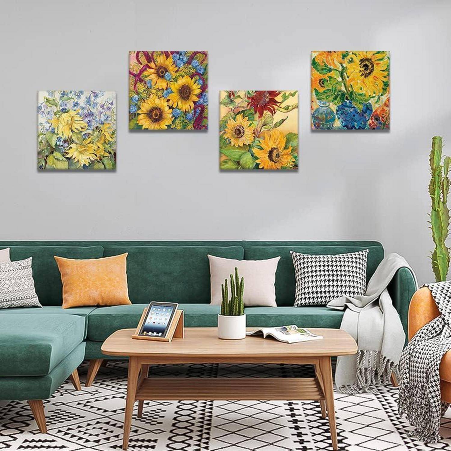 Moderne Sonnenblumen Leinwandbilder 4-teilig 30x30cm Wanddekoration