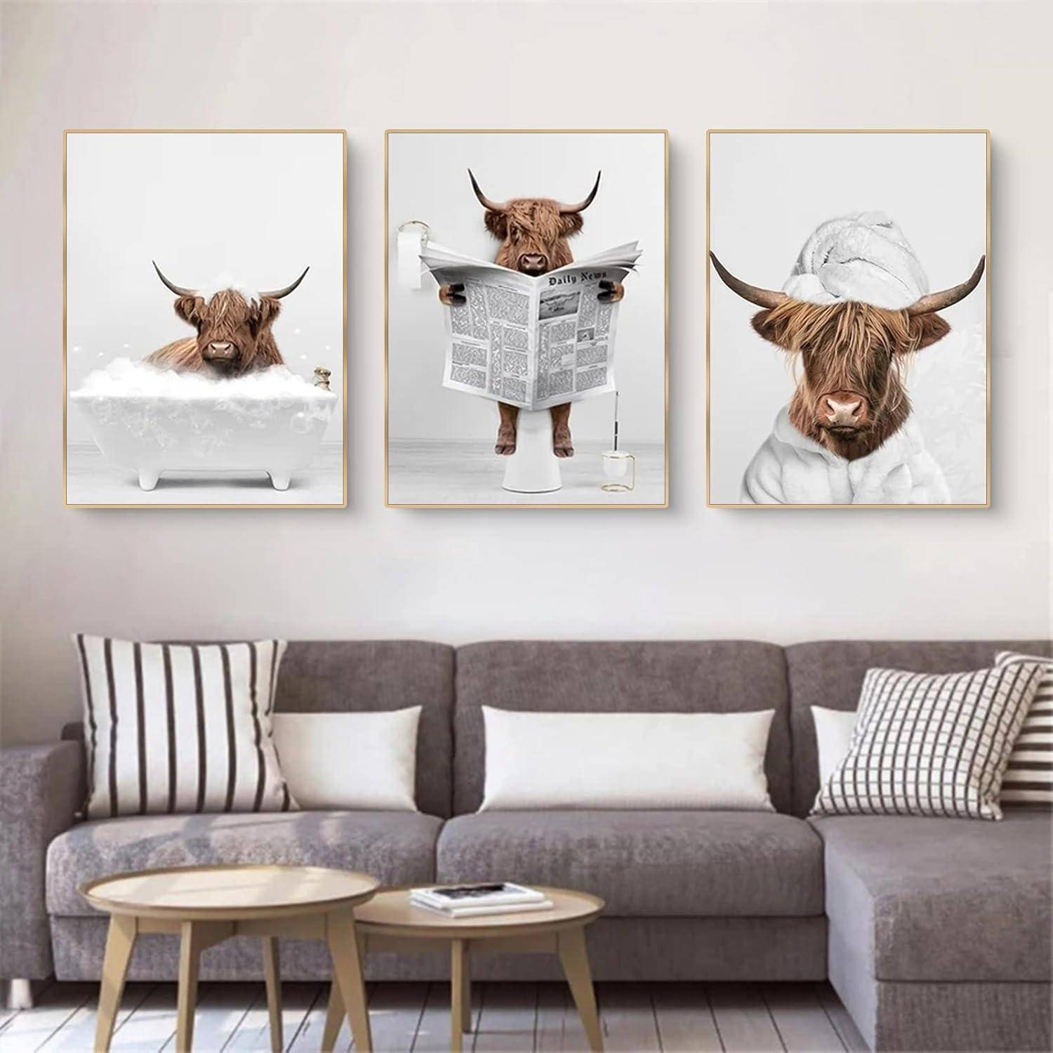 3-teiliges Hochland Kuh Poster Set Badewanne Leinwand Kunst 30x40cm