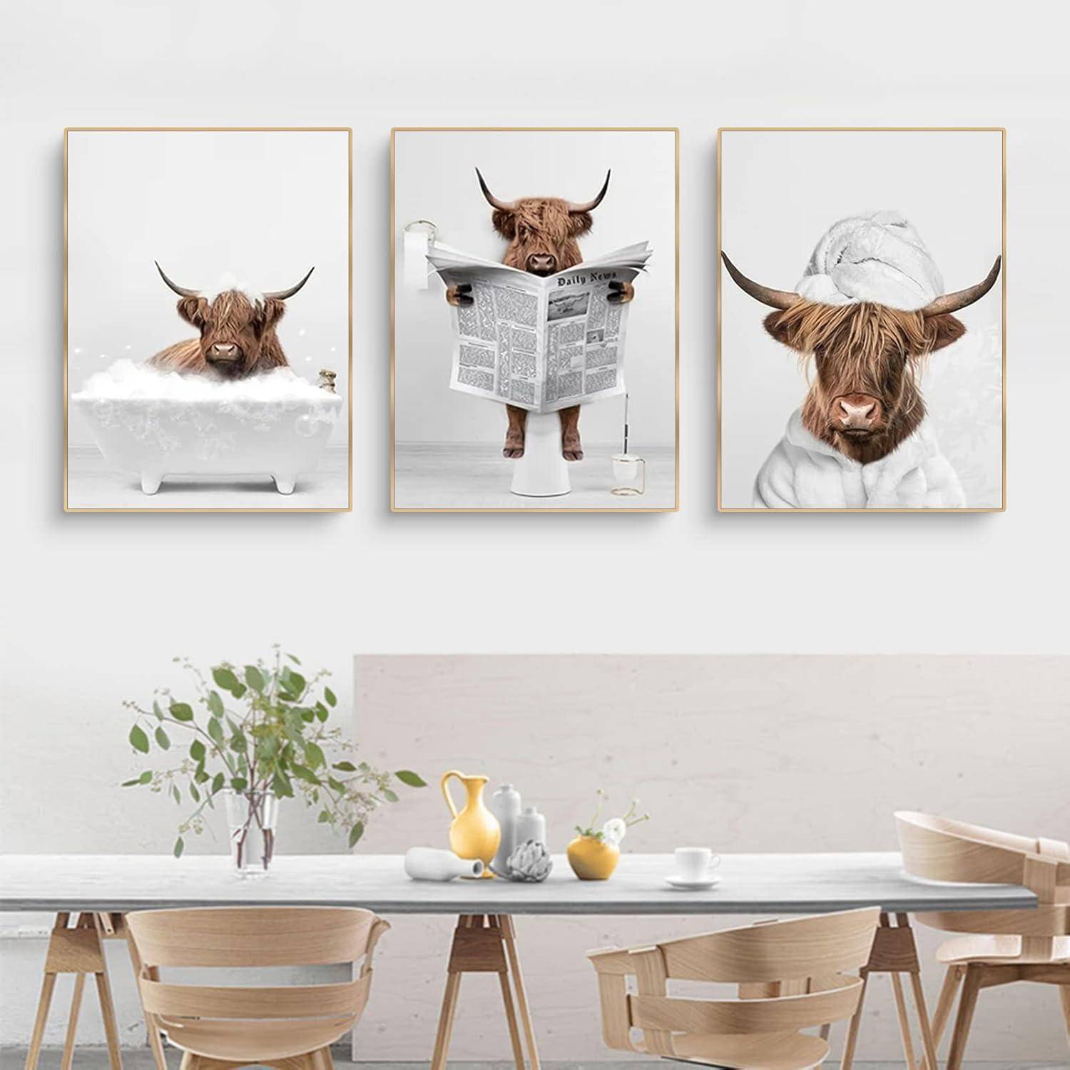 3-teiliges Hochland Kuh Poster Set Badewanne Leinwand Kunst 30x40cm