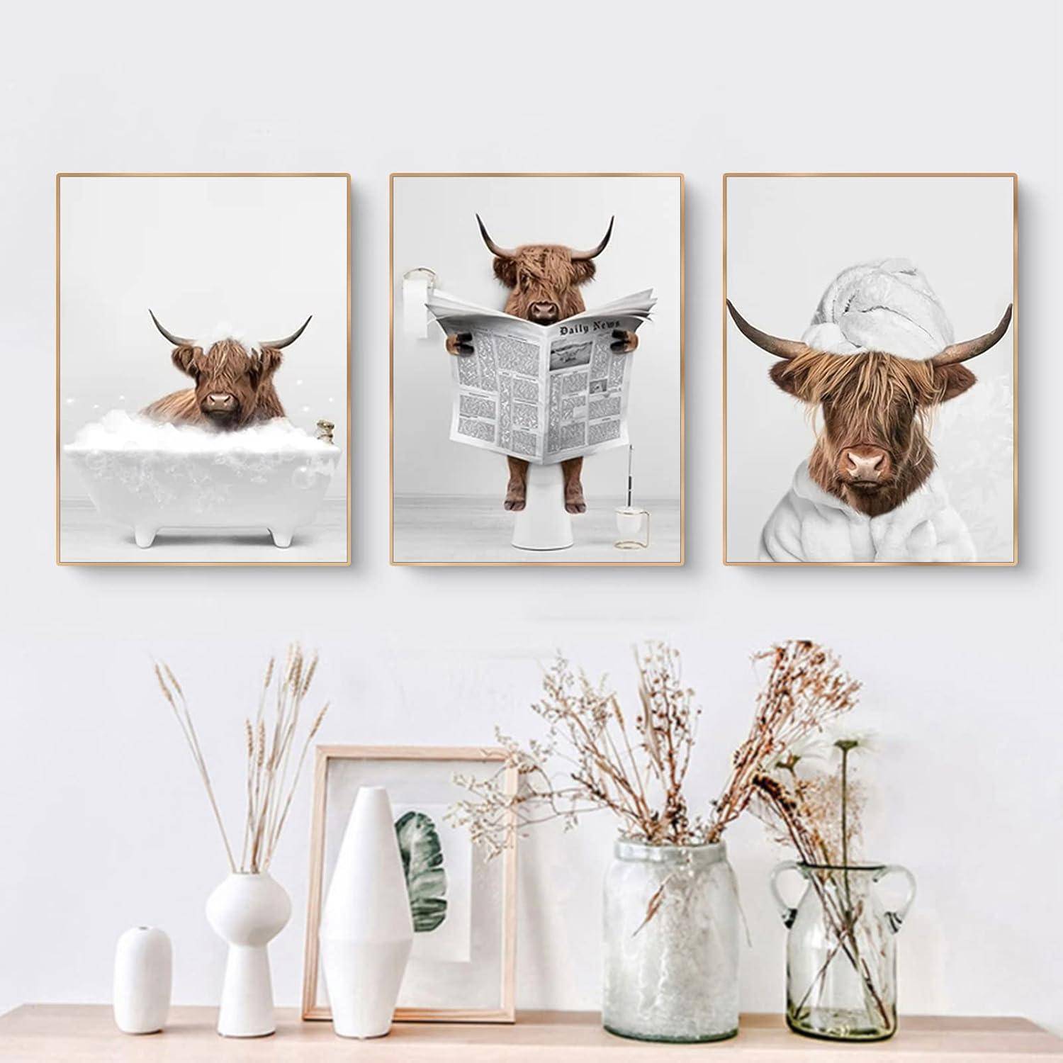 3-teiliges Hochland Kuh Poster Set Badewanne Leinwand Kunst 30x40cm