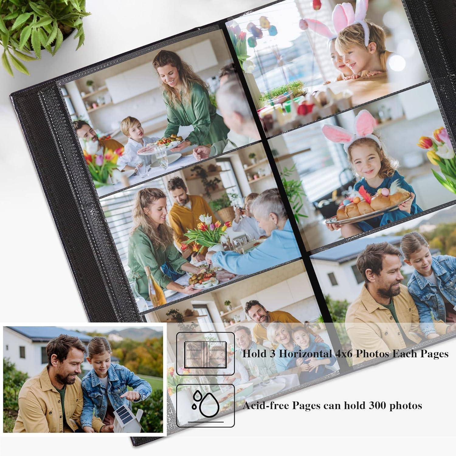 Ein Fotoalbum, geöffnet auf Seiten, die mit Familienfotos gefüllt sind, mit Beschriftungen, die Merkmale hervorheben: „Platz für 3 horizontale 10x15 cm Fotos pro Seite