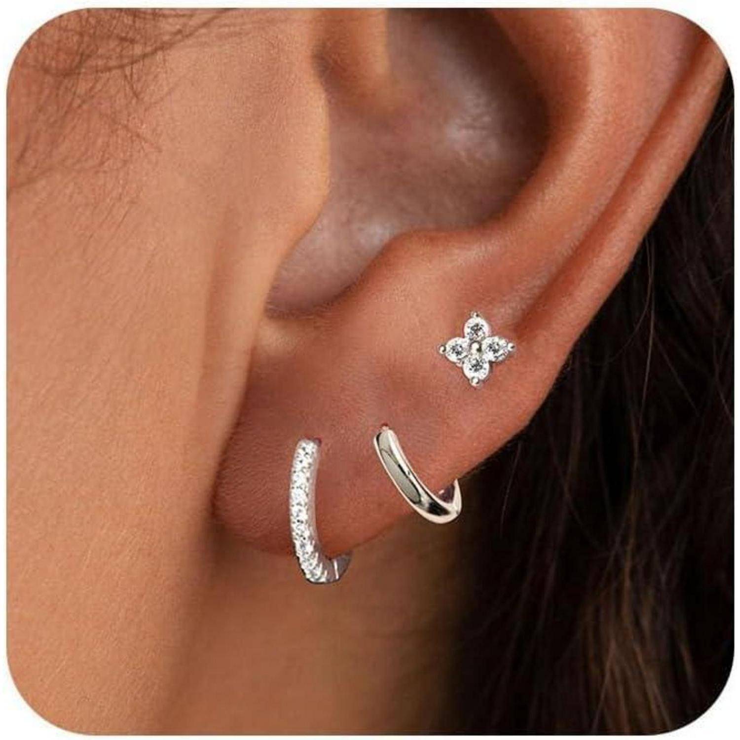 Ohrringe Silber 925 14K Vergoldet Damen Klein Creolen Ohrstecker Set