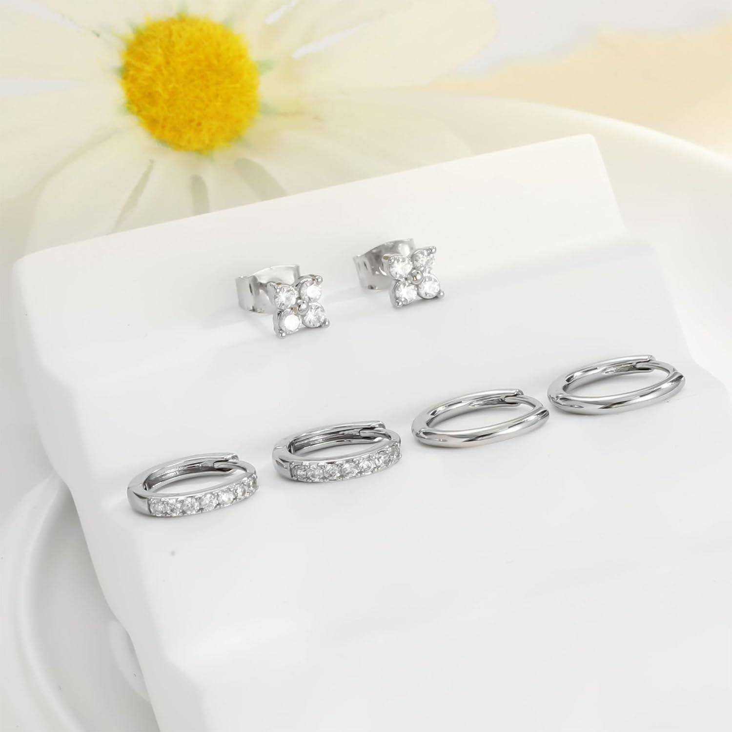 Ohrringe Silber 925 14K Vergoldet Damen Klein Creolen Ohrstecker Set