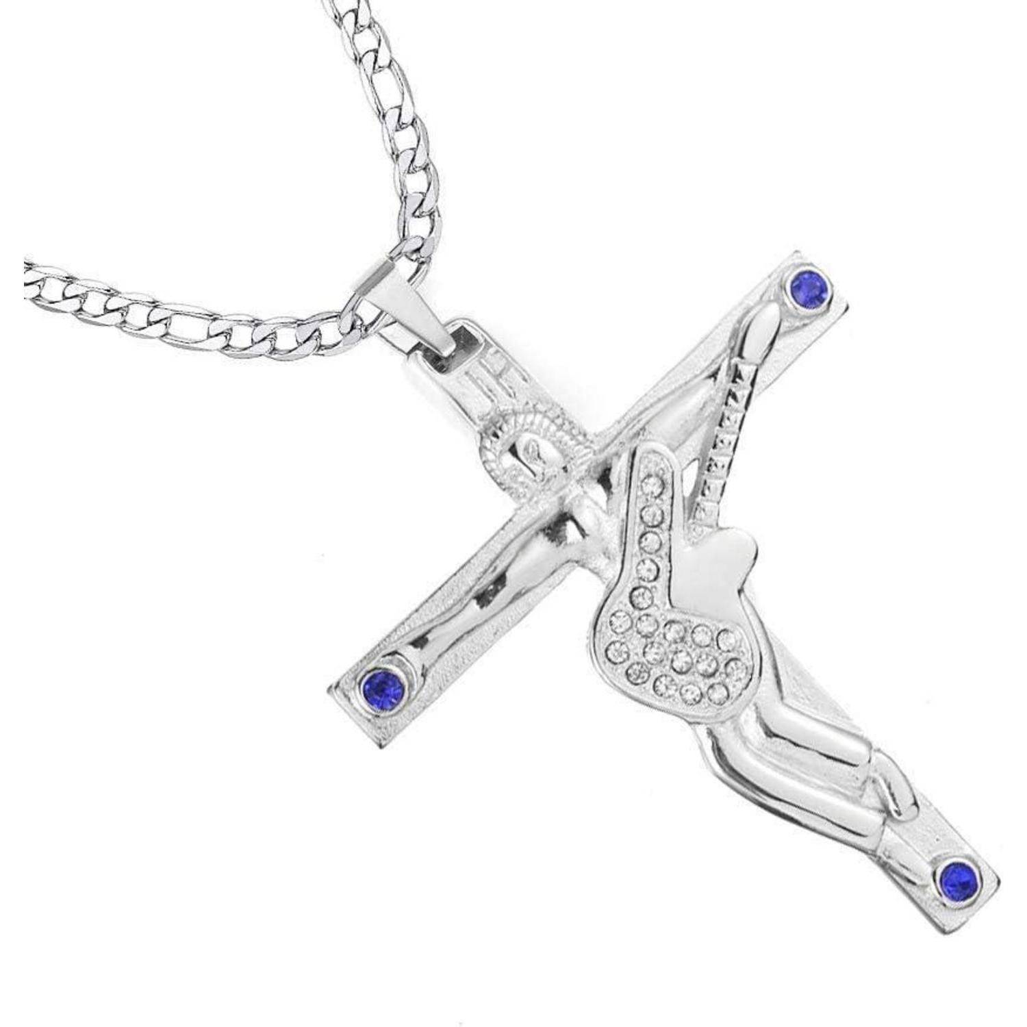 Silberner, gitarrenförmiger Anhänger-Kreuz mit blauen Edelsteinen an jedem Ende, geschmückt mit eingebetteten klaren Edelsteinen an einer gegliederten Gliederkette.