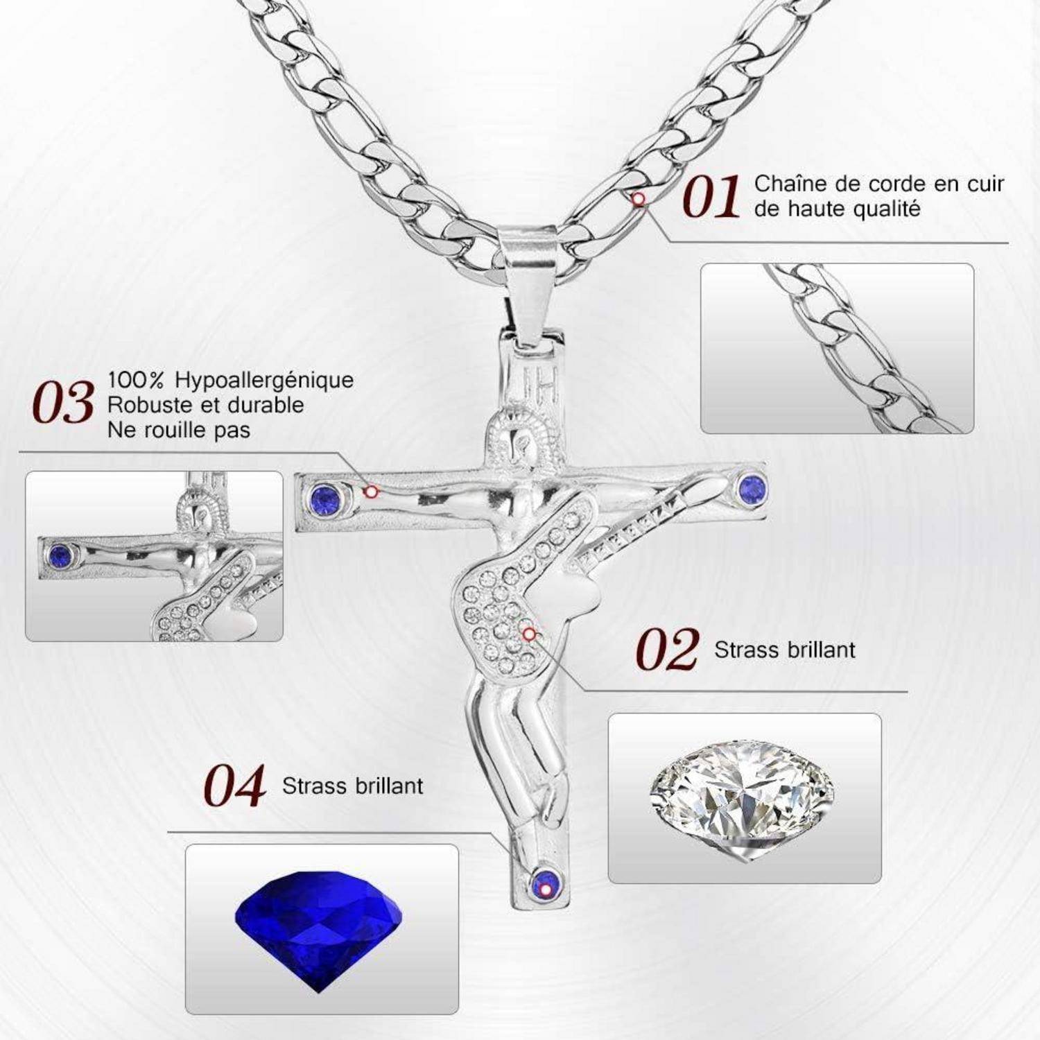 Eine silberne Halskette mit einem Kreuzanhänger, hervorgehobene Merkmale umfassen eine strapazierfähige Lederkordel, hypoallergene Eigenschaften und blaue Edelsteine.