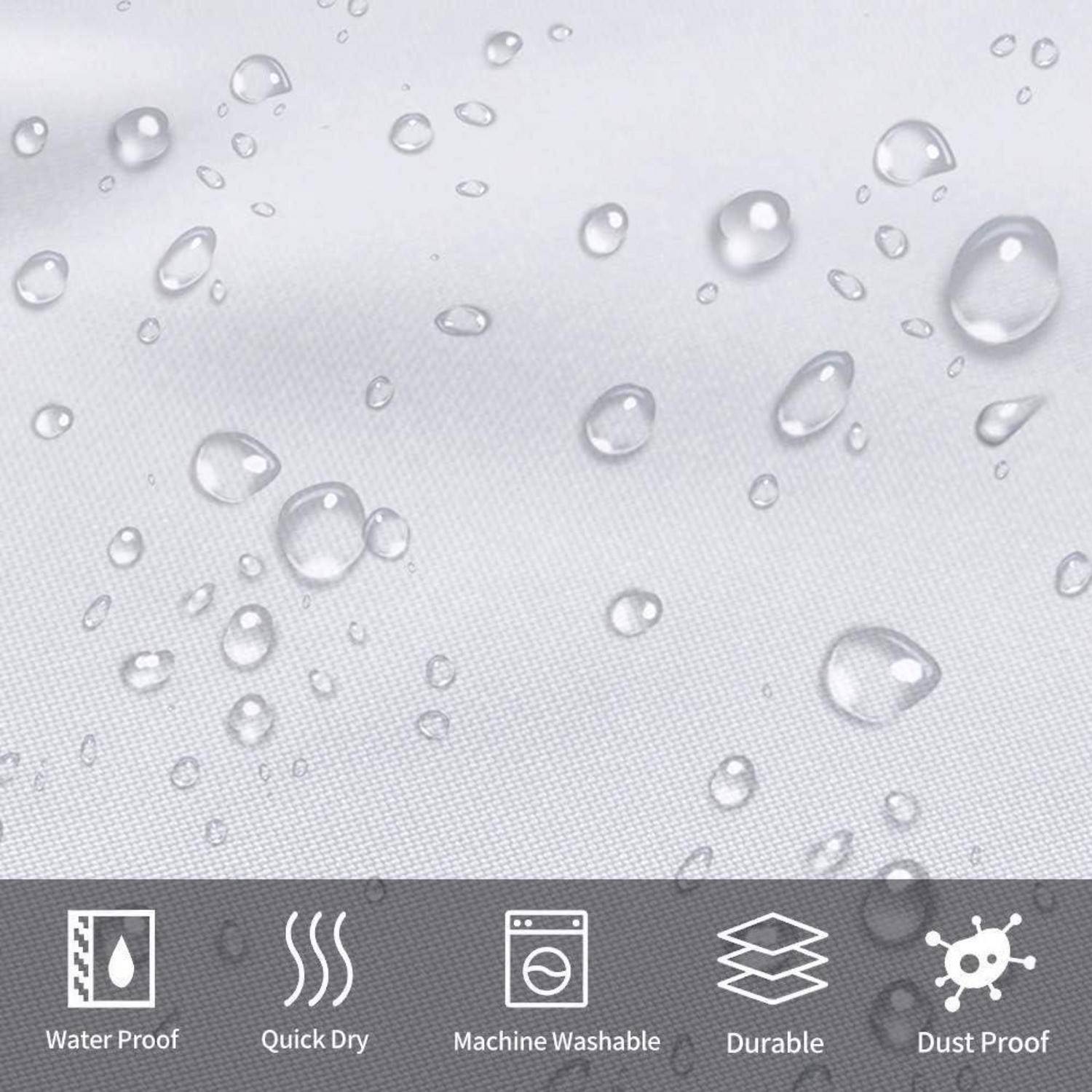 Wassertropfen auf einer wasserabweisenden Stoffoberfläche. Symbole unten zeigen Eigenschaften: wasserdicht, schnell trocknend, maschinenwäschetauglich, strapazierfähig und staubdicht.