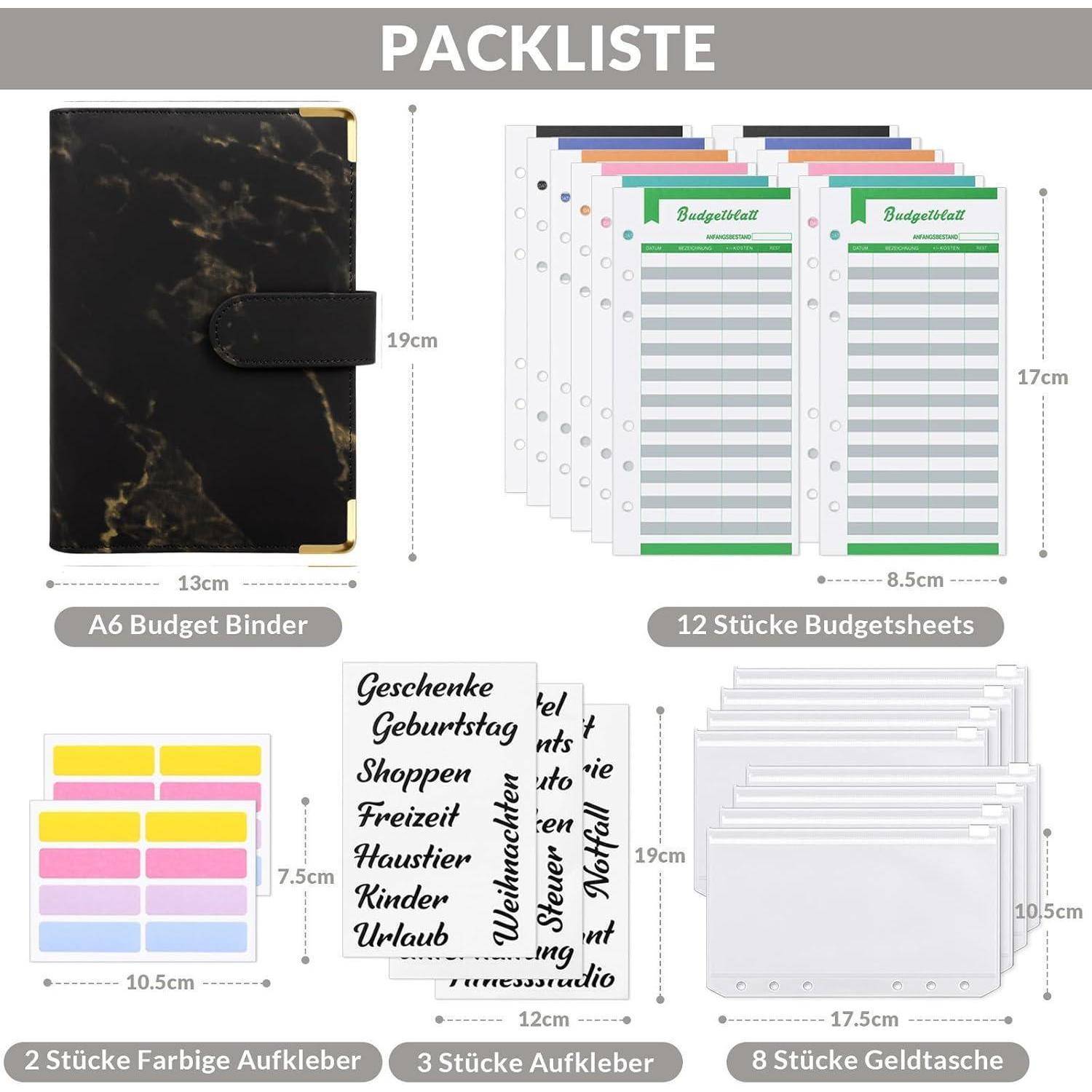 Packinhalt enthält: 1 A6-Budgetordner, 12 Budgetblätter, 8 Geldtaschen (12 cm), 5 farbige Stickerbögen (10,5 cm), 3 Beschriftungsbögen (16 cm).