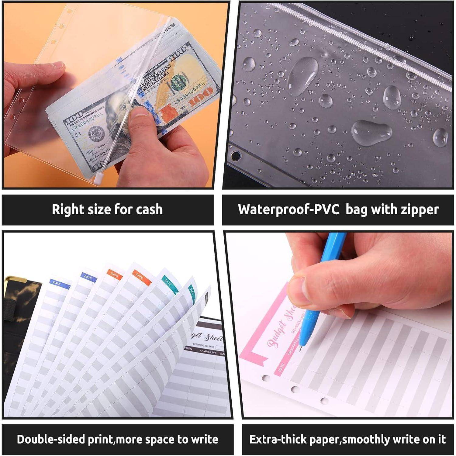 Eine Person schiebt Geld in einen durchsichtigen Plastikbeutel oben links. Oben rechts zeigt ein nasser wasserdichter PVC-Beutel. Unten links befindet sich ein beidseitiger Planer. Unten rechts wird das Schreiben auf besonders dickem Papier dargestellt.