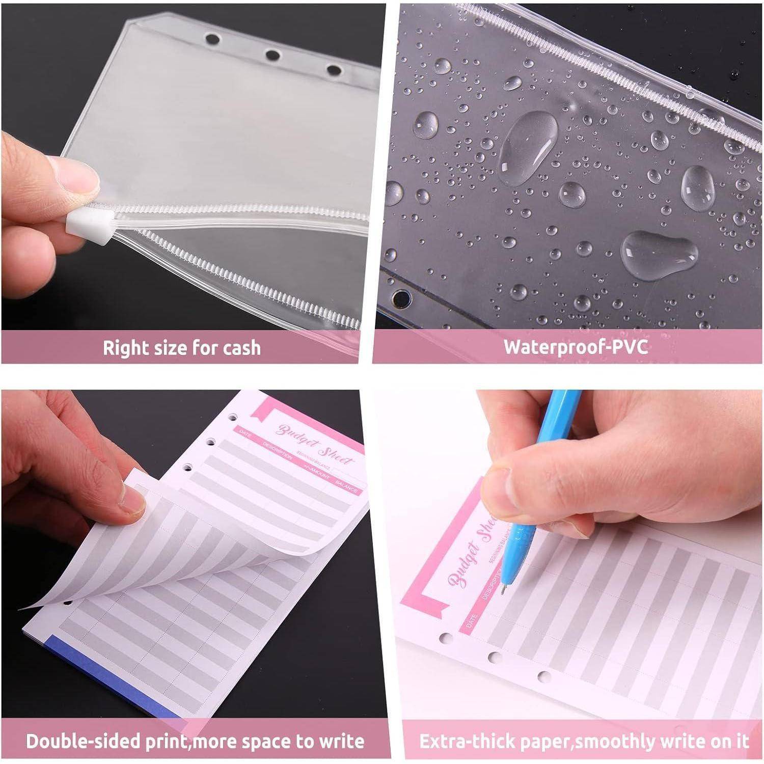 Vier Bilder zeigen Merkmale eines PVC-Bargeldumschlags: 'Richtige Größe für Bargeld', 'Wasserdichtes PVC' mit Wassertropfen, 'Beidseitiger Druck, mehr Platz zum Schreiben' und 'Extra-dickes Papier, zum glatten Schreiben'.