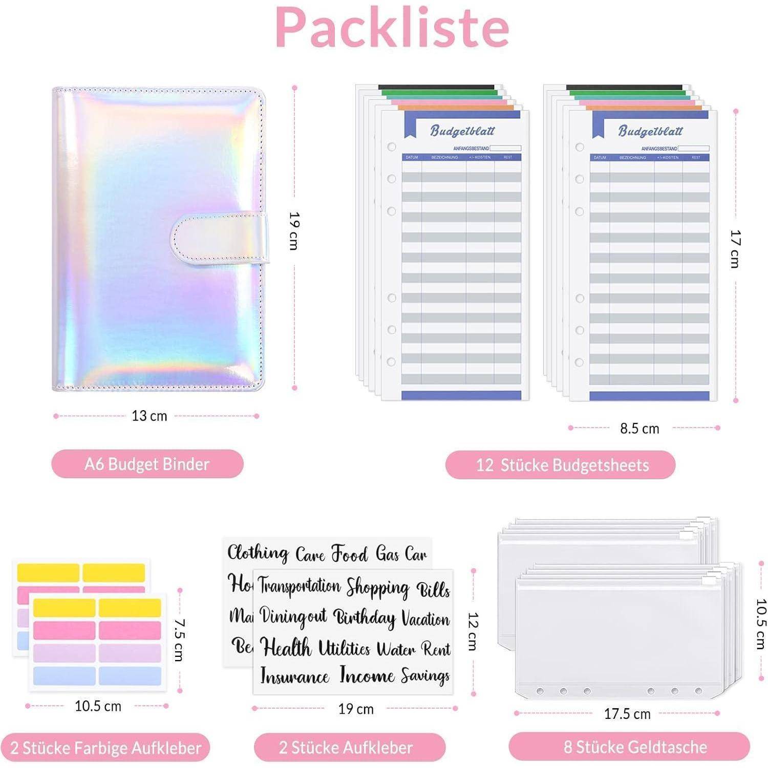 Packliste' umfasst einen holografischen A6-Budgetordner, 12 Budgetblätter, farbige Etikettensticker und 8 durchsichtige Geldumschläge zur Finanzorganisation.