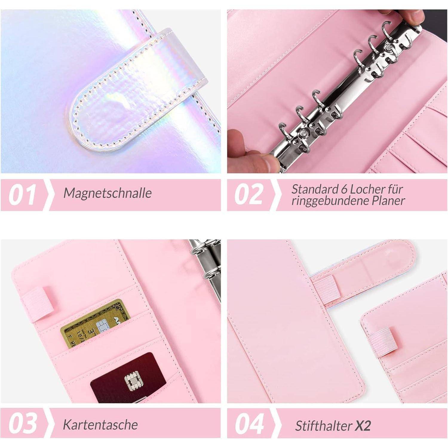 Vier Abbildungen von einem rosa Ringbuch-Organizer: 1. Magnetschnalle, 2. 6-Loch-Ringmechanik, 3. Kartentasche mit Karten, 4. Stifthalter x2.