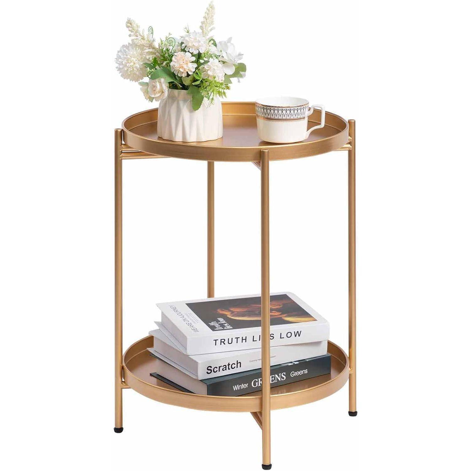 Beistelltisch Gold Rund Metall 2 Ebenen Wohnzimmer Schlafzimmer