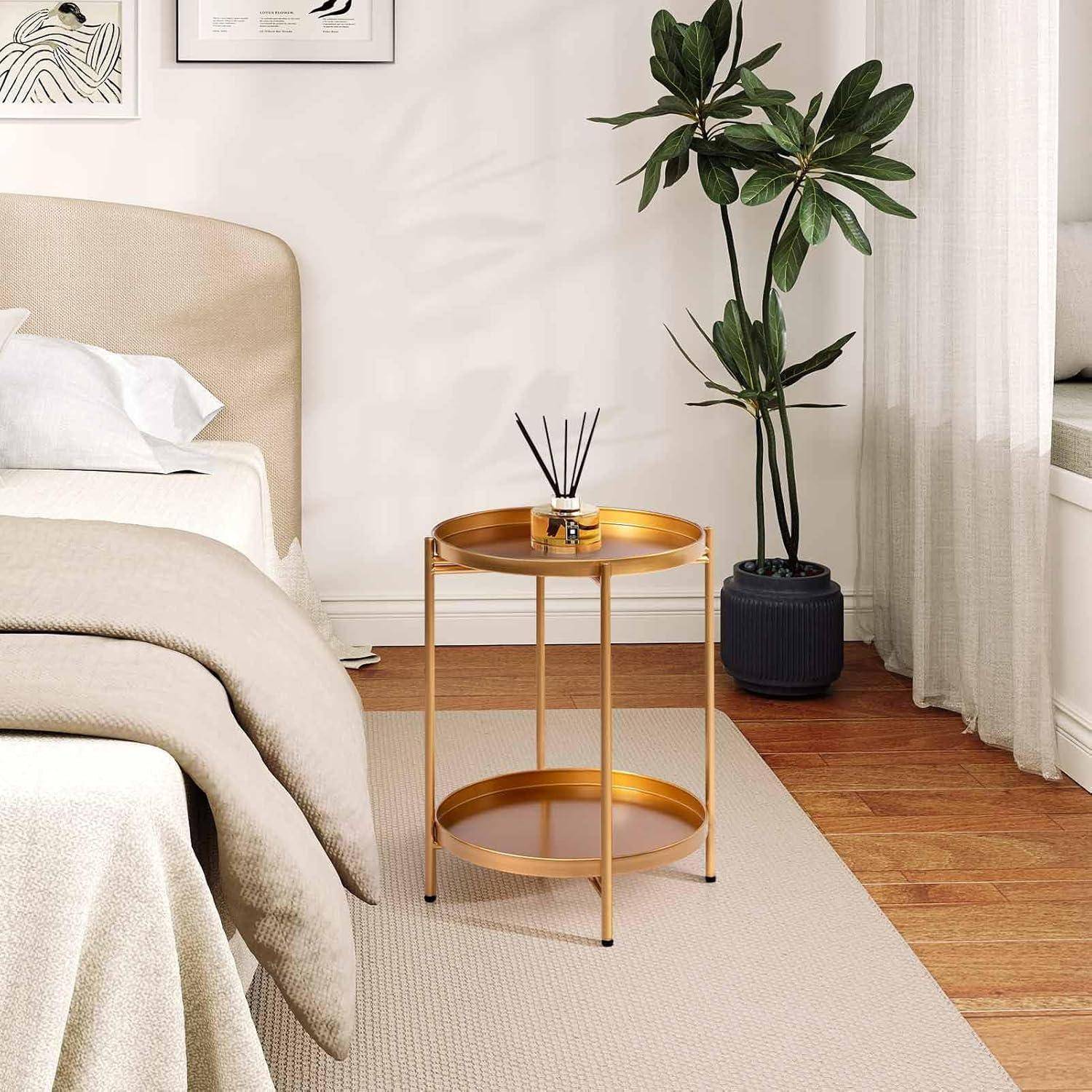 Beistelltisch Gold Rund Metall 2 Ebenen Wohnzimmer Schlafzimmer