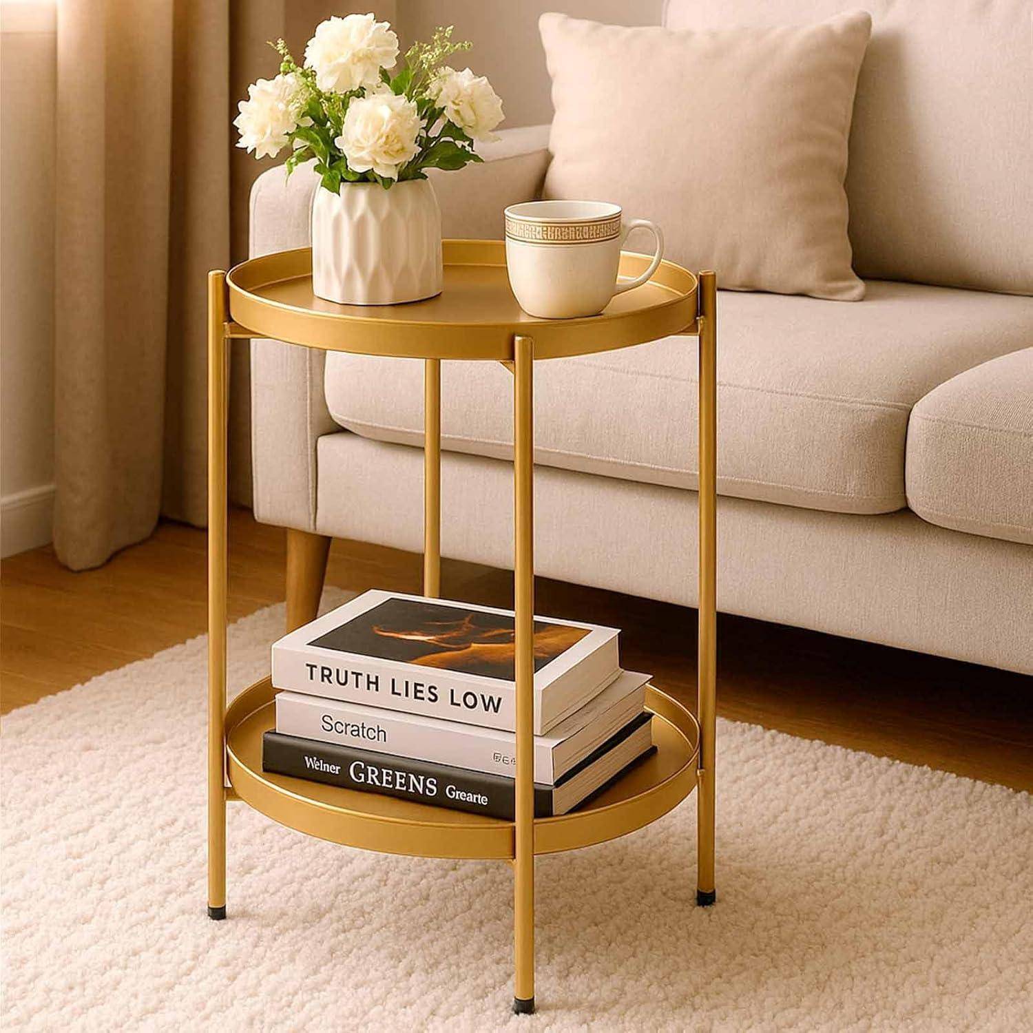 Beistelltisch Gold Rund Metall 2 Ebenen Wohnzimmer Schlafzimmer