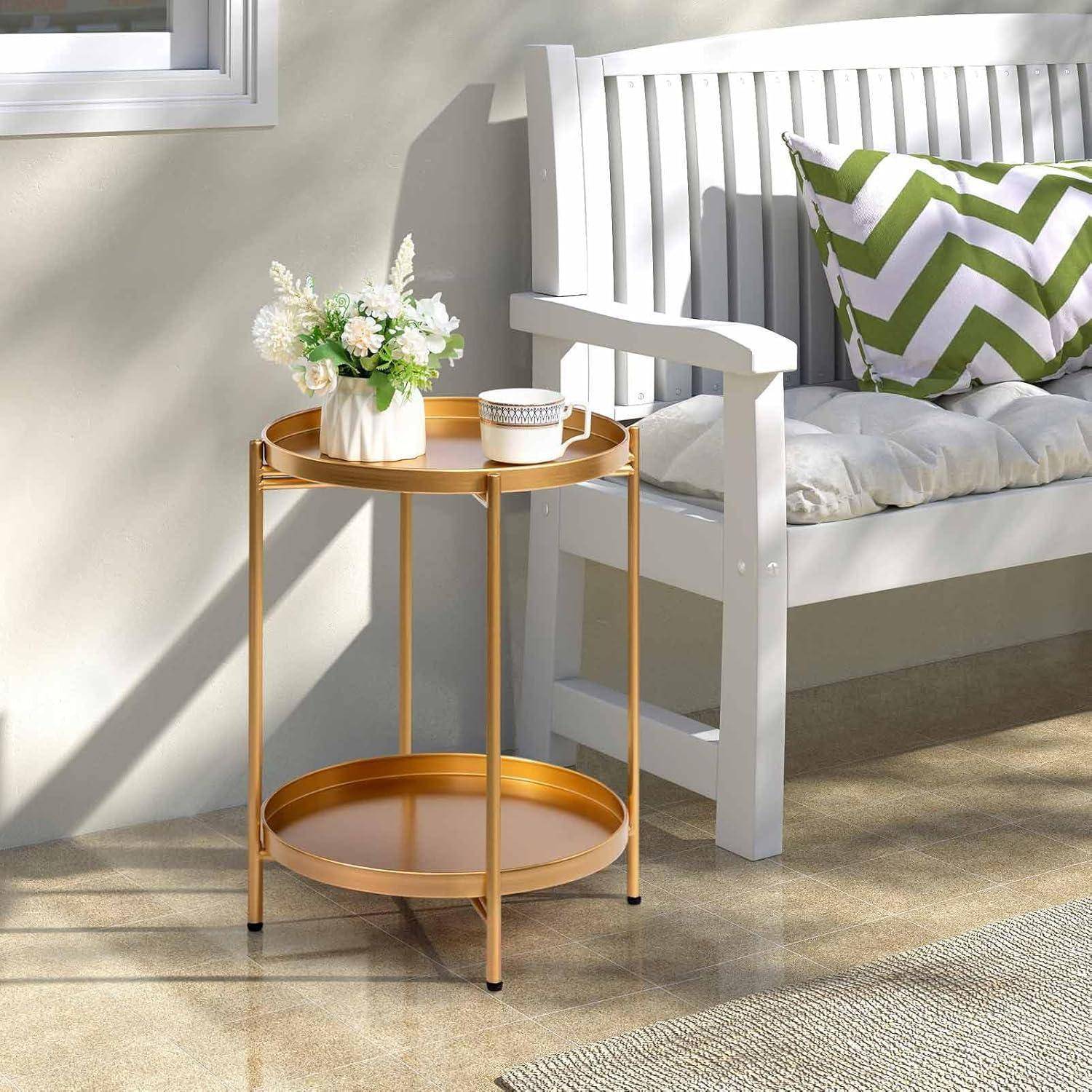 Beistelltisch Gold Rund Metall 2 Ebenen Wohnzimmer Schlafzimmer