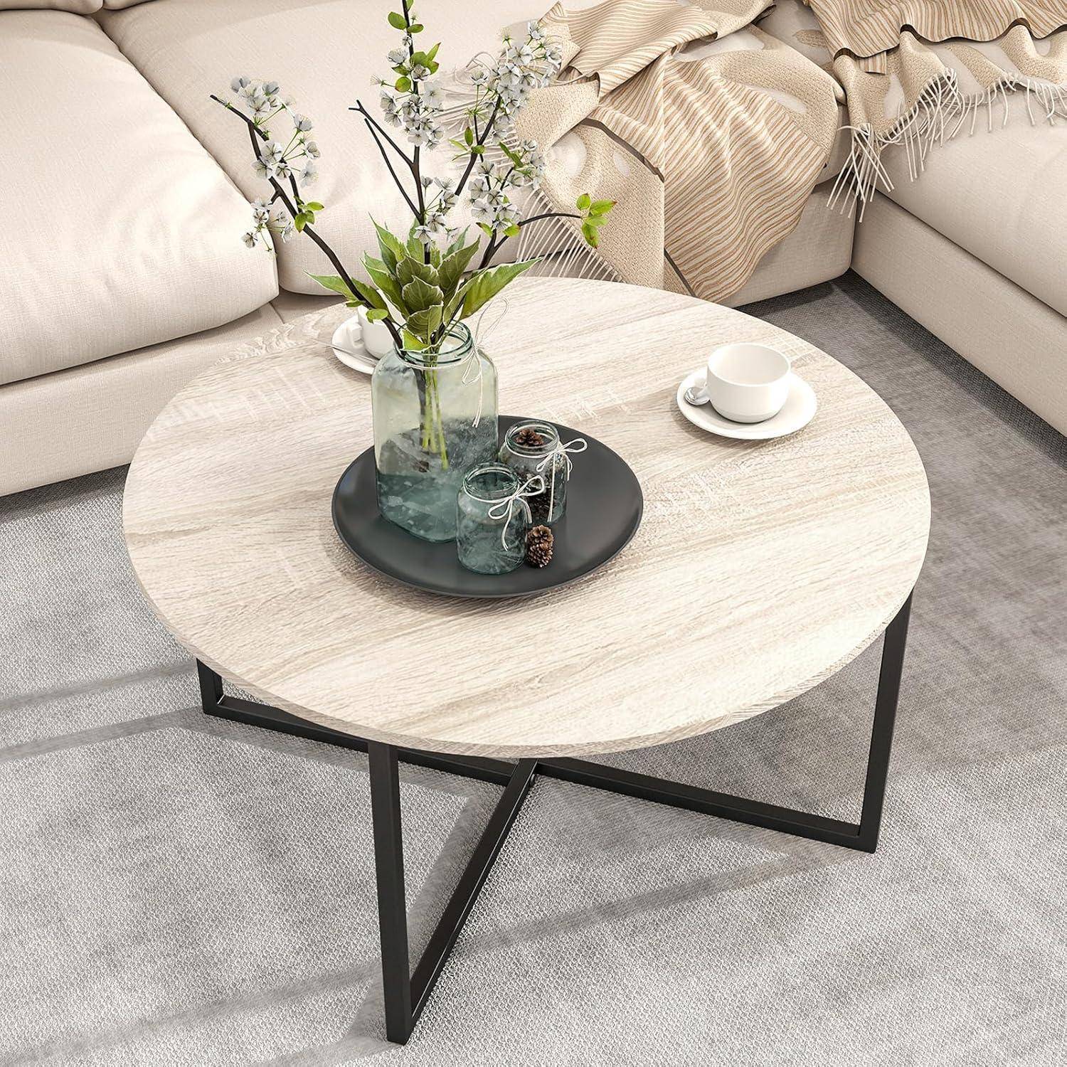 Moderne Runder Couchtisch Holz Schwarz Stahlgestell 88x44.5cm