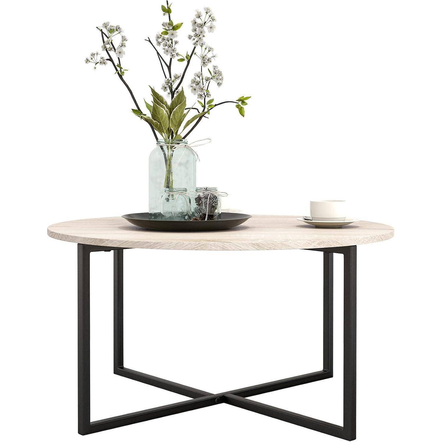 Moderne Runder Couchtisch Holz Schwarz Stahlgestell 88x44.5cm