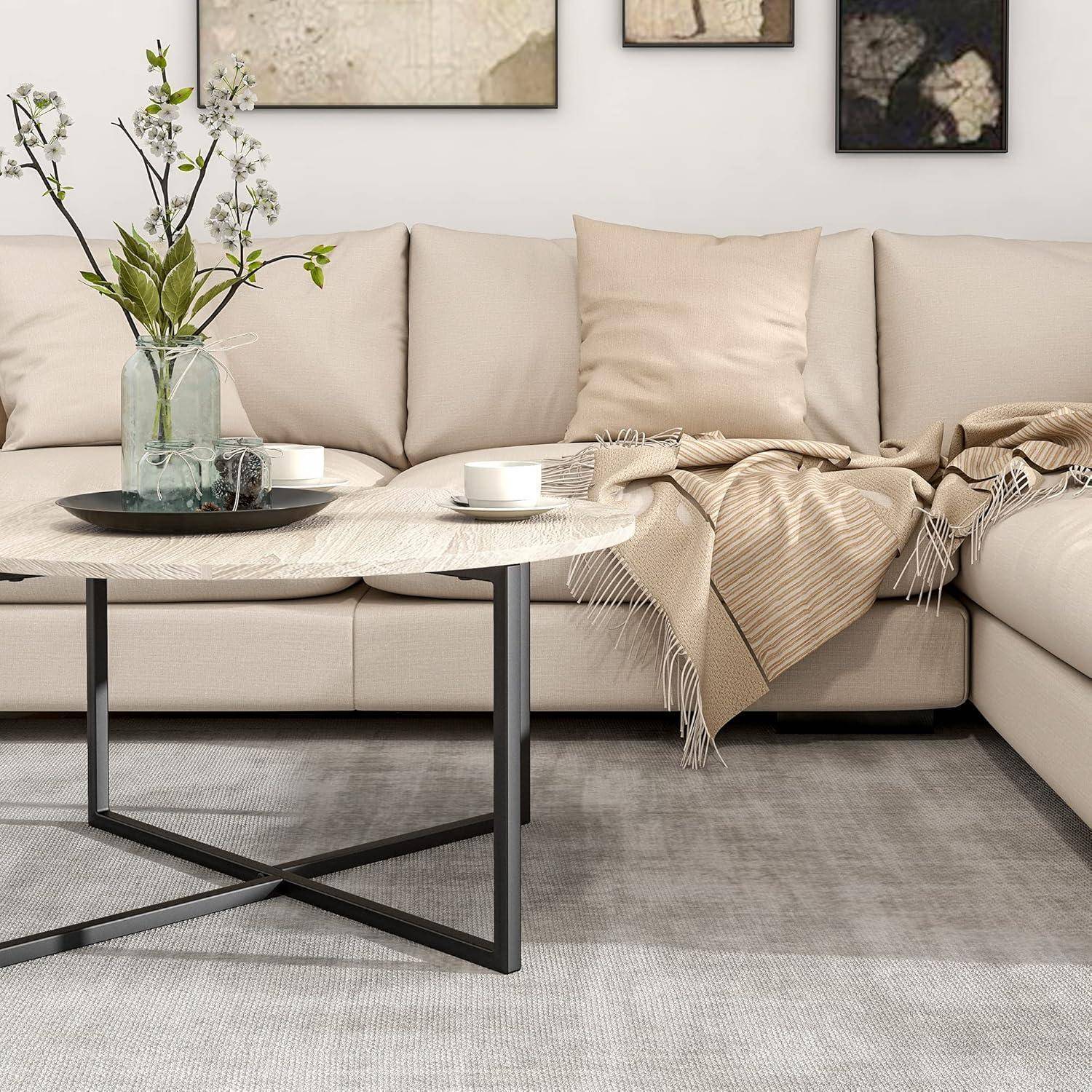 Moderne Runder Couchtisch Holz Schwarz Stahlgestell 88x44.5cm