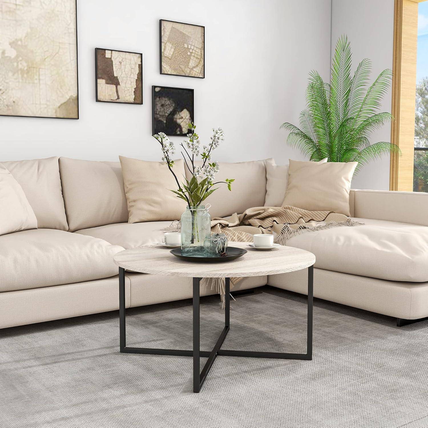 Runder Couchtisch Schwarz Metall Holz Industrie Skandi Wohnzimmer