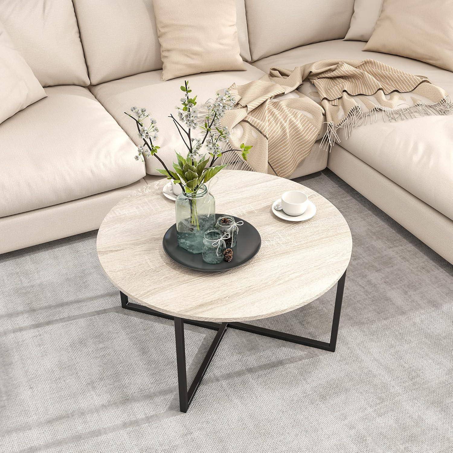 Runder Couchtisch Schwarz Metall Holz Industrie Skandi Wohnzimmer