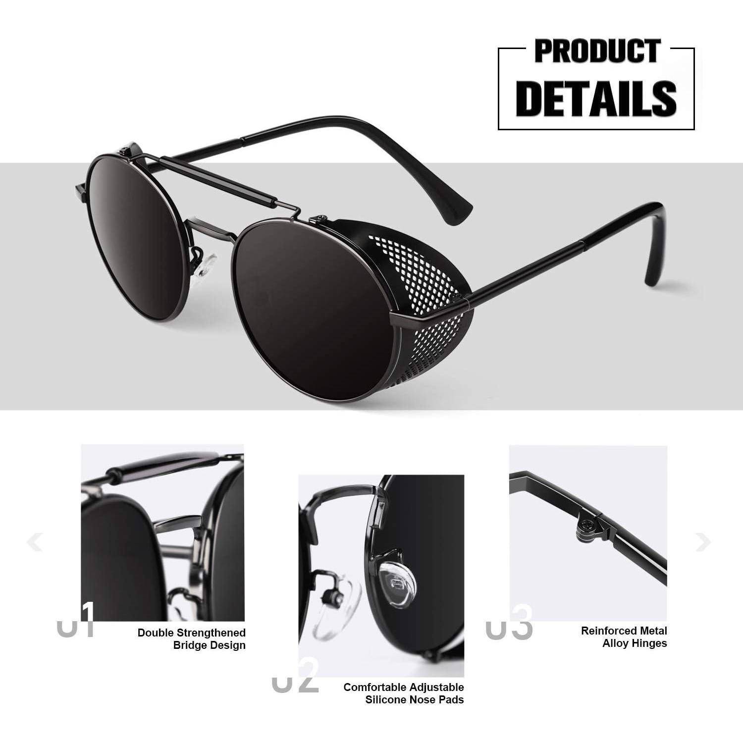 Sonnenbrille Herren Damen Rund Polarisiert Steampunk Metall UV-Schutz
