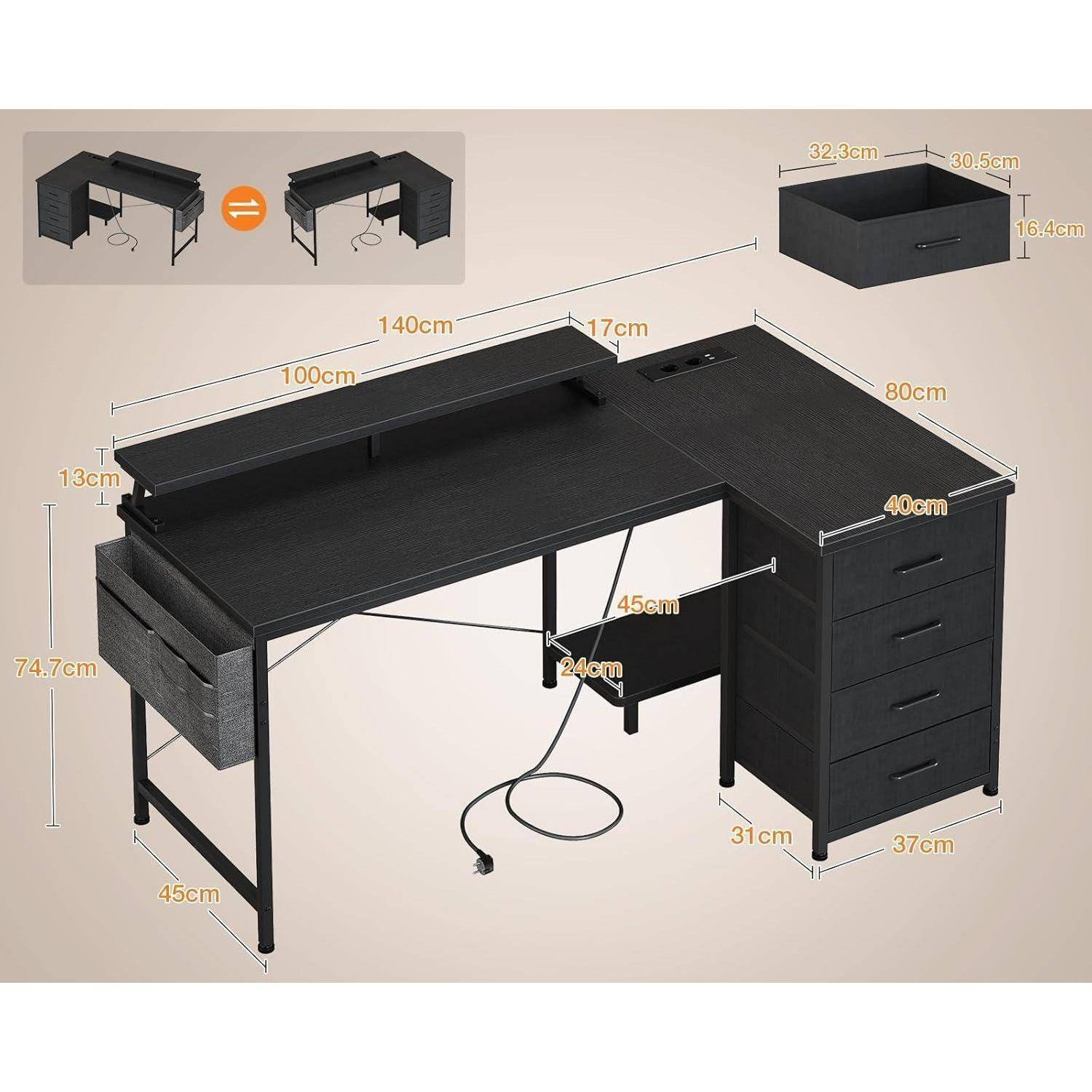 L-förmiger Schreibtisch mit USB-Ladeanschluss&Steckdose Schwarz
