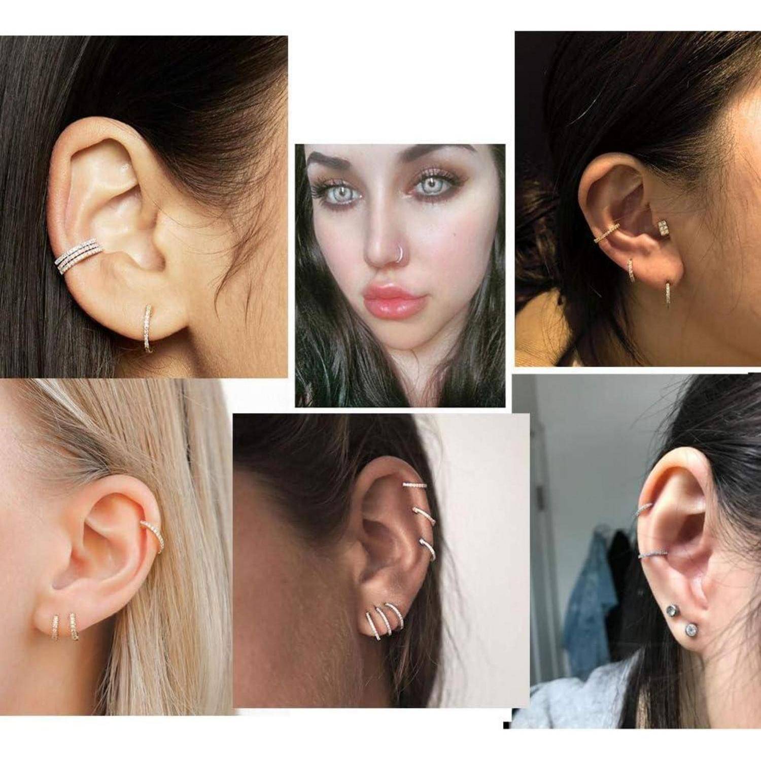 Verschiedene Personen mit mehreren silbernen Ohrringe präsentieren unterschiedliche Piercing-Stile, darunter Creolen und Ohrstecker, und unterstreichen damit aktuelle Modetrends.