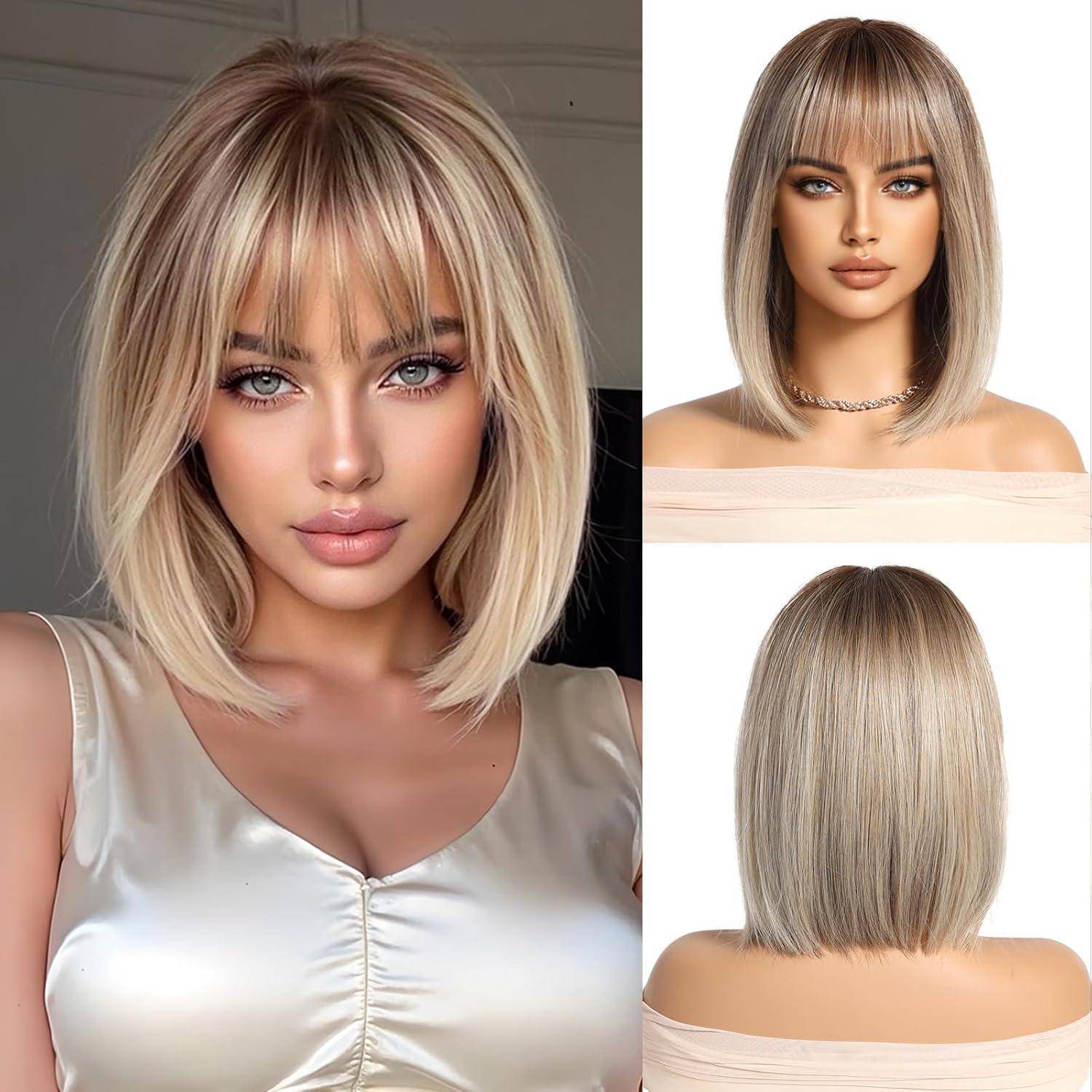 Ombre Blonde Perücke Damen mit Pony Kurzer Bob Gerade Synthetisches