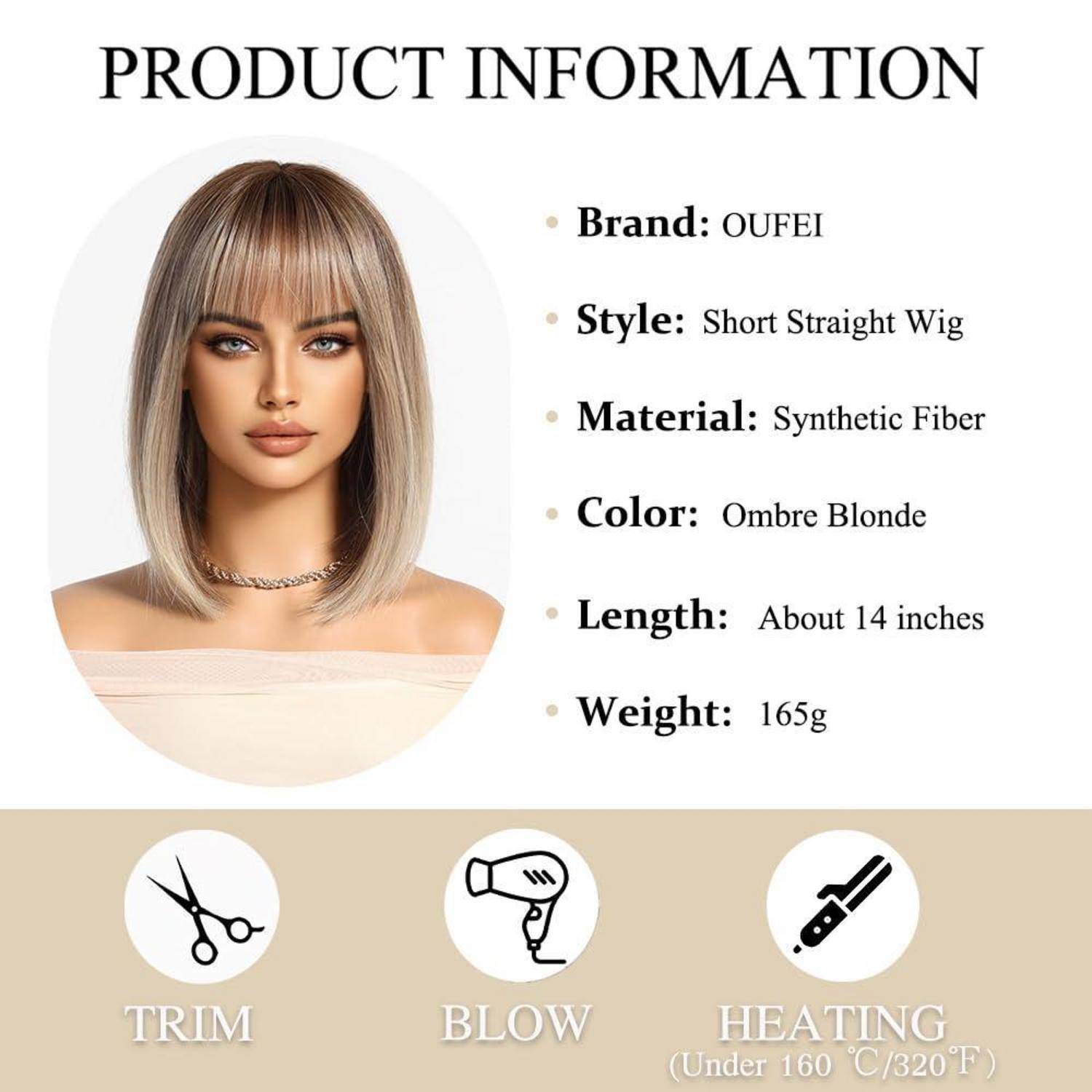 Ombre Blonde Perücke Damen mit Pony Kurzer Bob Gerade Synthetisches