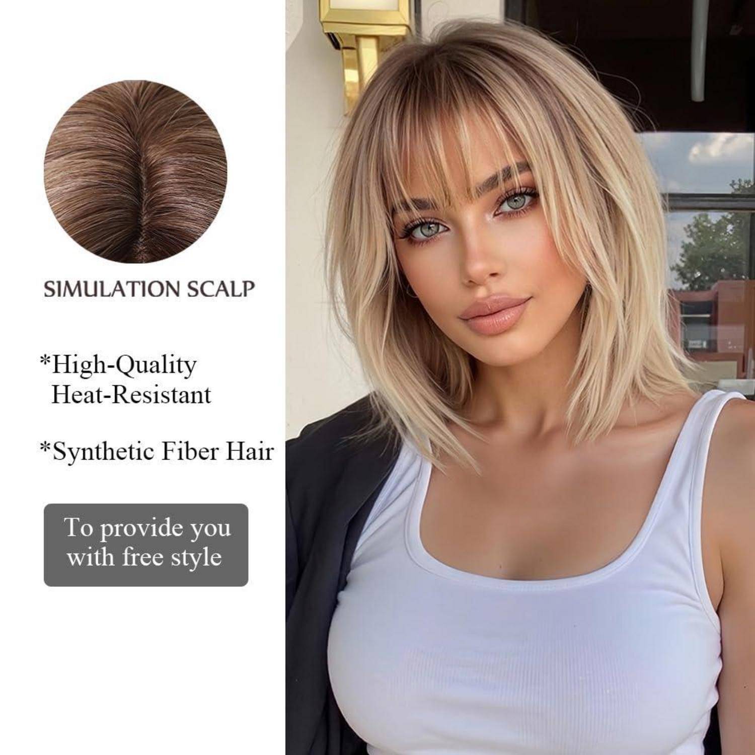 Ombre Blonde Perücke Damen mit Pony Kurzer Bob Gerade Synthetisches