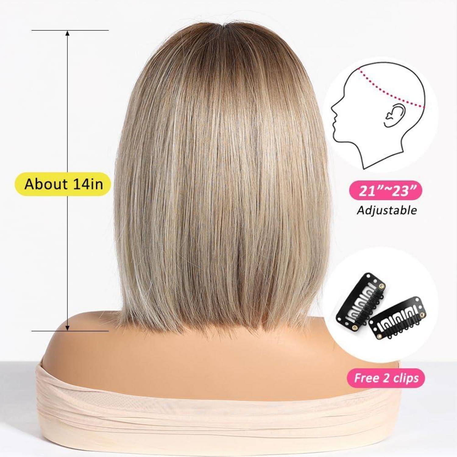 Ombre Blonde Perücke Damen mit Pony Kurzer Bob Gerade Synthetisches