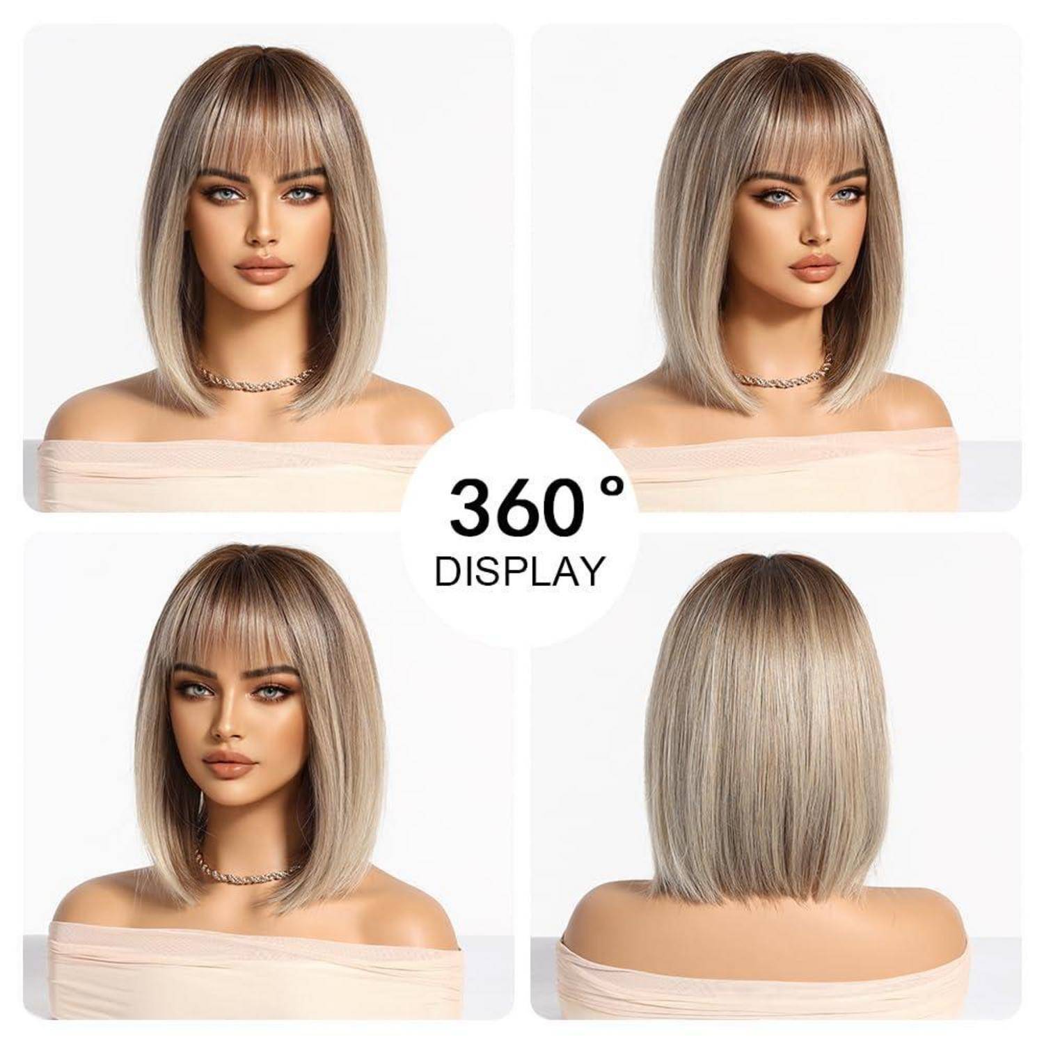Ombre Blonde Perücke Damen mit Pony Kurzer Bob Gerade Synthetisches