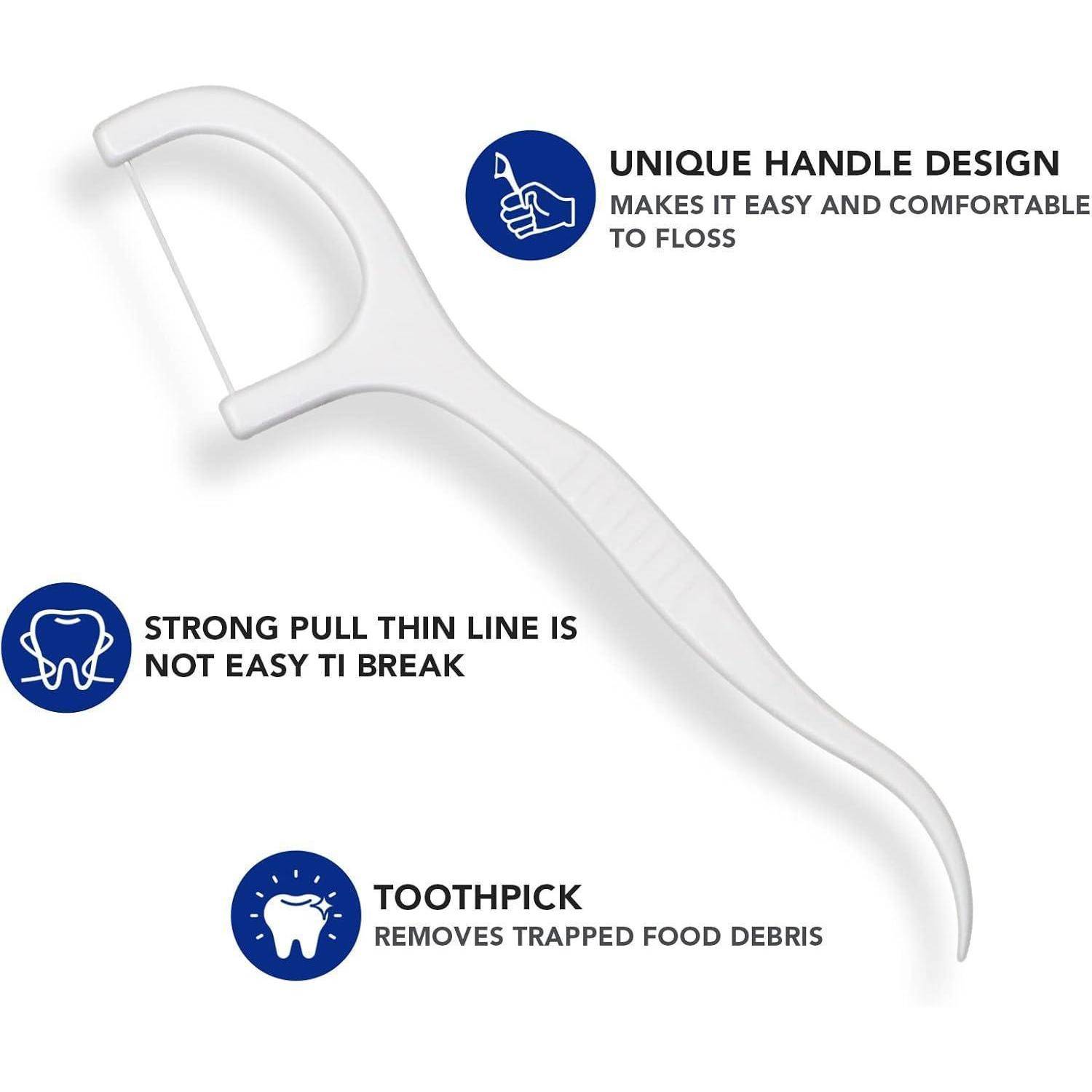 Weißer Zahnseidenträger mit bequemem Griff. Zu den Merkmalen gehören eine starke Zugschnur, einfaches Zahnseidentaschentuch und eine Zahnstocherspitze zur Entfernung von Essensresten.