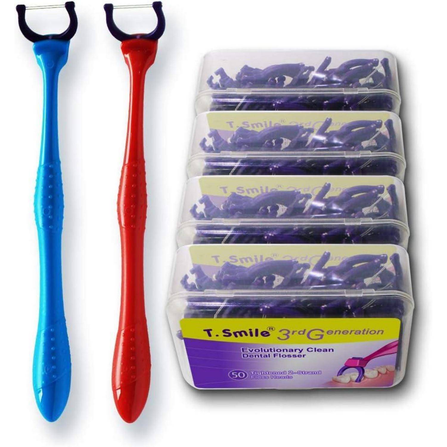 Zwei farbenfrohe Zahnseidehalter neben sechs Packungen 'T. Smile 3. Generation' Zahnseide, gekennzeichnet mit 'Evolutionär Sauber'.