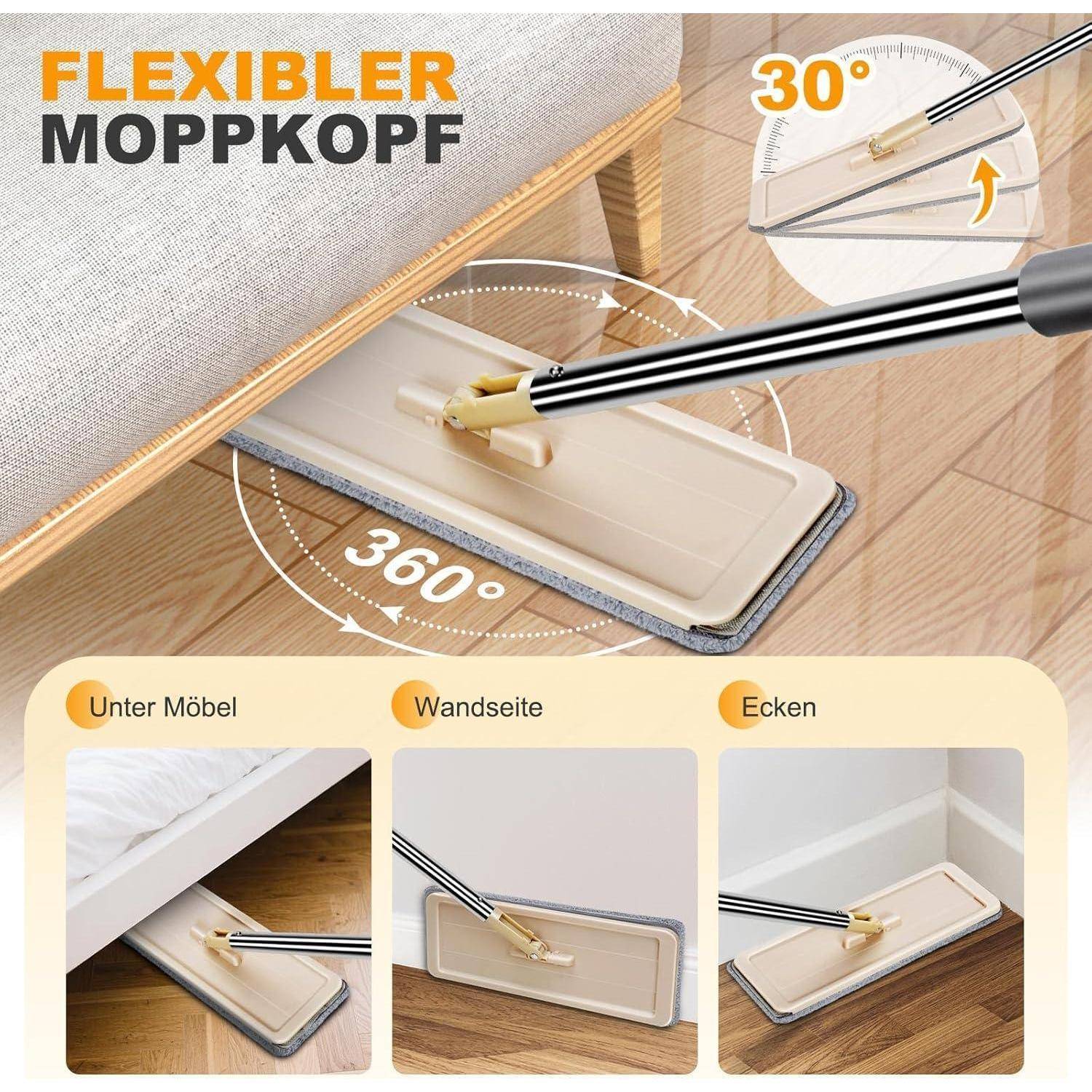 Flexibler Mopp-Kopf mit 30°-Neigung, der die Nutzung unter Möbeln, entlang von Wänden und in Ecken mit einer 360°-Drehfunktion demonstriert.