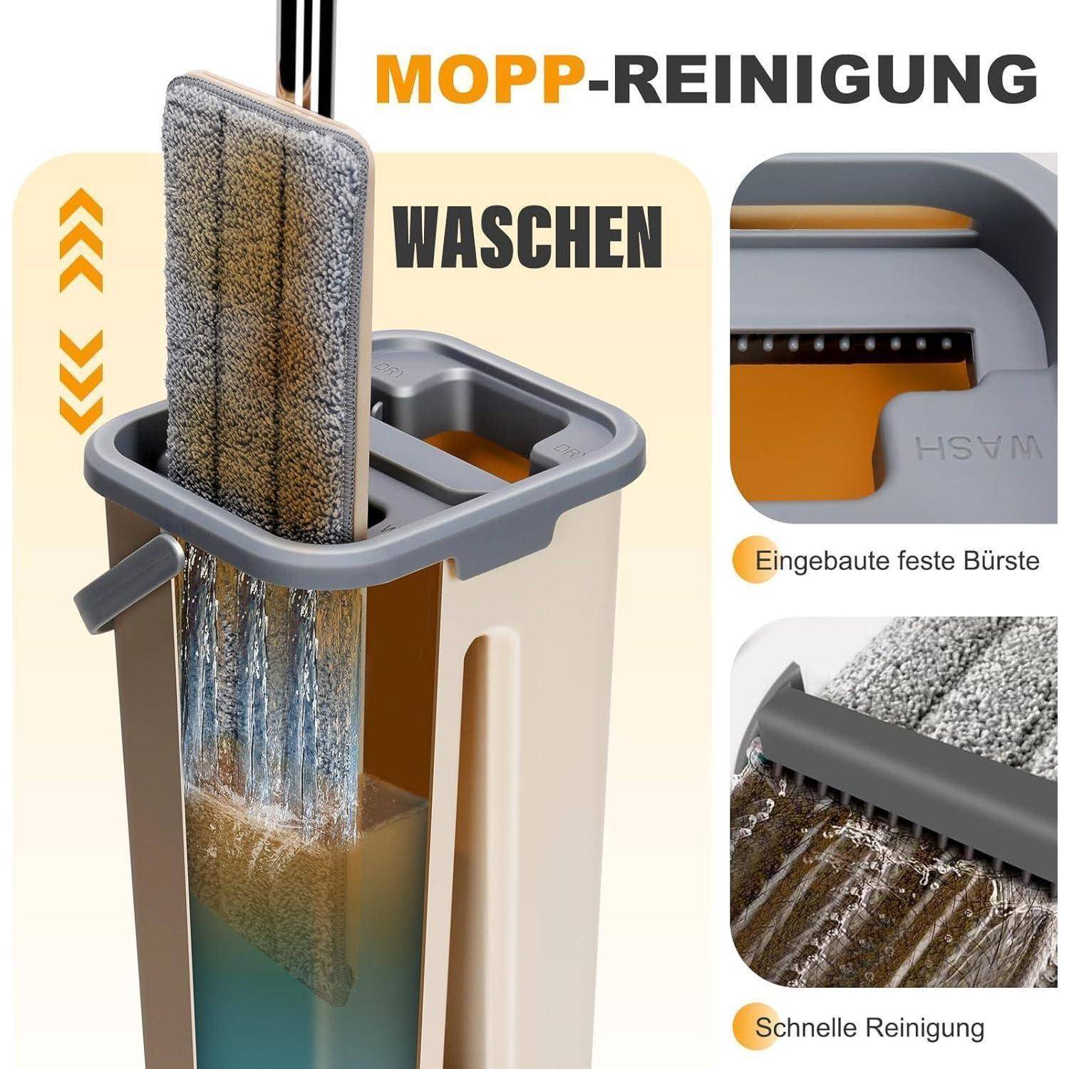 MOPP-REINIGUNG' - Ein Mopp-System in einem Eimer mit Abschnitten, die mit 'WASCHEN' gekennzeichnet sind. Einschübe heben Merkmale wie eine integrierte Bürste hervor.