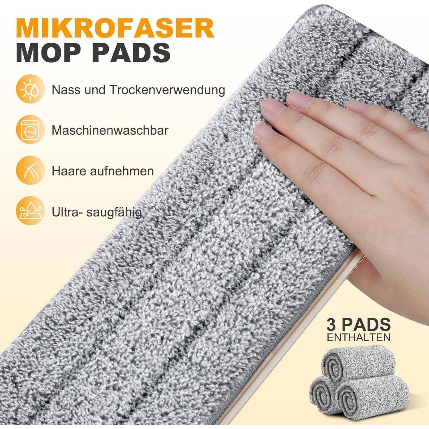 Eine Hand hält ein graues Mikrofaser-Wischpad und zeigt dessen Textur. Icons und Text weisen darauf hin, dass es für nasse/trockene Anwendungen geeignet ist, maschinell waschbar, haaraufnehmend und mit drei Pads erhältlich ist.