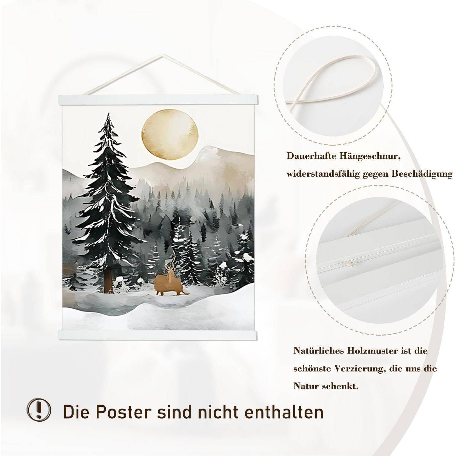 Ein stimmungsvolles Poster zeigt einen verschneiten Wald mit Sonne, Bäumen und einem Hirsch. Dekorative Schriftzüge und Detailaufnahmen betonen die Haltbarkeit des Aufhängers.