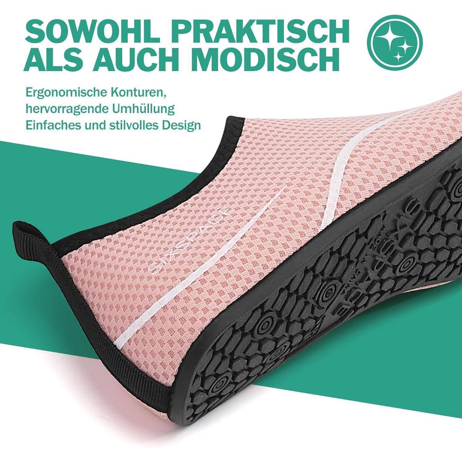 Rosa gepolsterte Schuhsohle mit schwarzer strukturierter Unterseite, in schräger Ansicht. Deutscher Text darüber hebt Praktikabilität und Stil hervor.