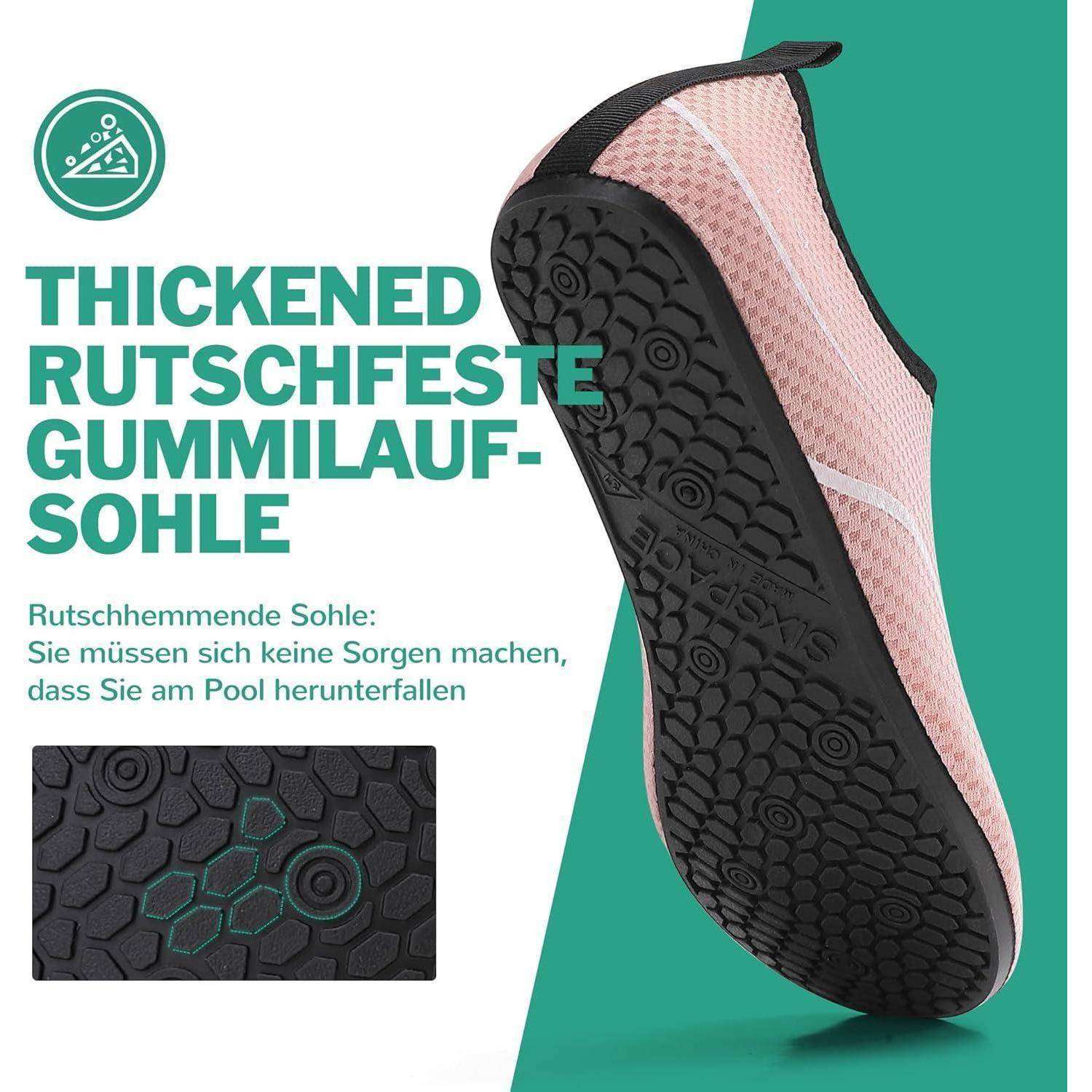 Ein Schuh mit einer verstärkten rutschfesten Gummisohle wird hervorgehoben. Der Text betont sorgenloses Laufen rund um den Pool.
