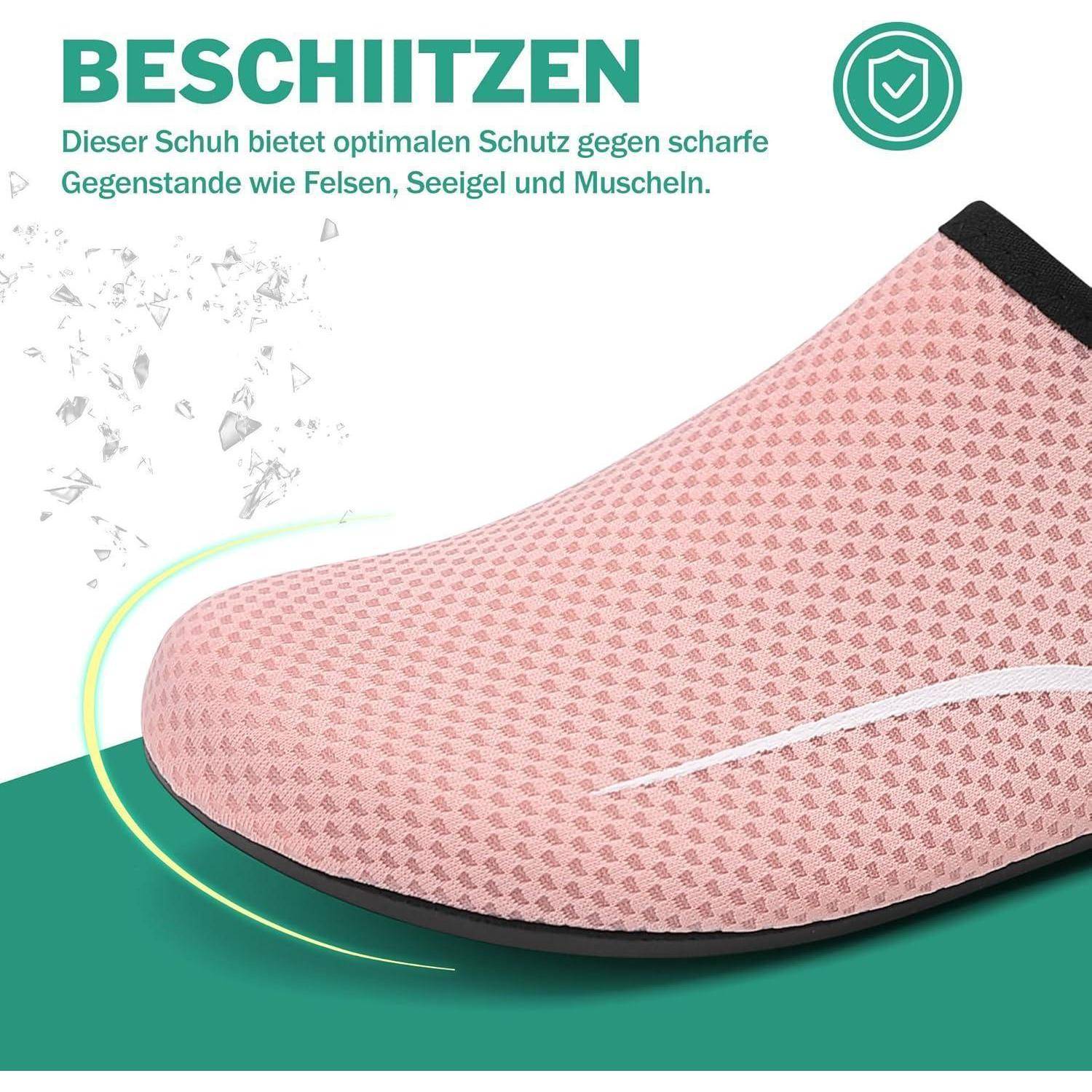Ein rosa Schuh mit einem Schutzdesign, der vor einem grünen Hintergrund gezeigt wird. Der deutsche Text hebt seine Eigenschaften gegen Felsen, Seetang und Muscheln hervor.