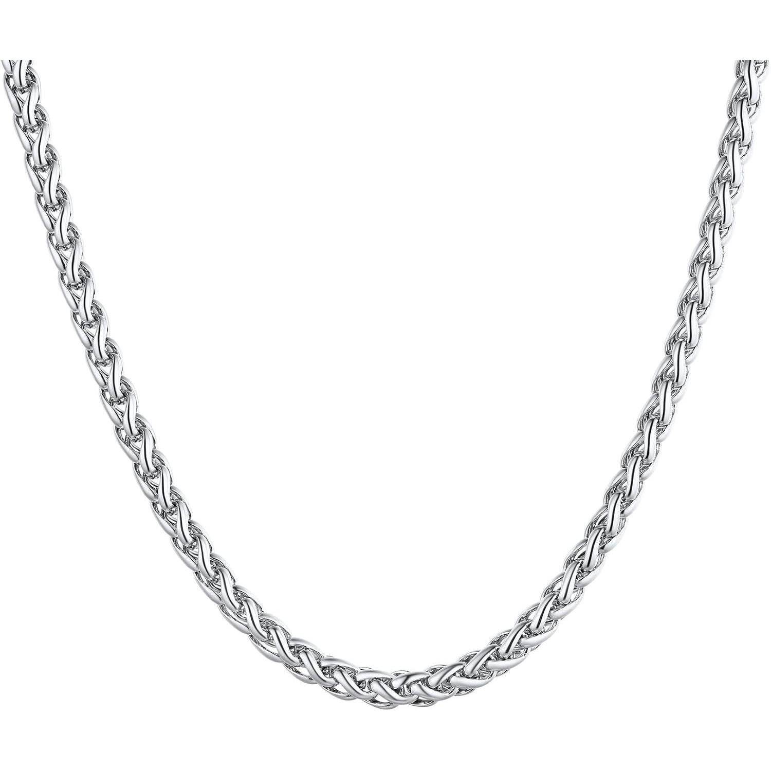 Eine silberne Rope-Chain-Halskette mit einem gedrehten Muster, die einen geschlossenen Kreis vor einem weißen Hintergrund bildet.
