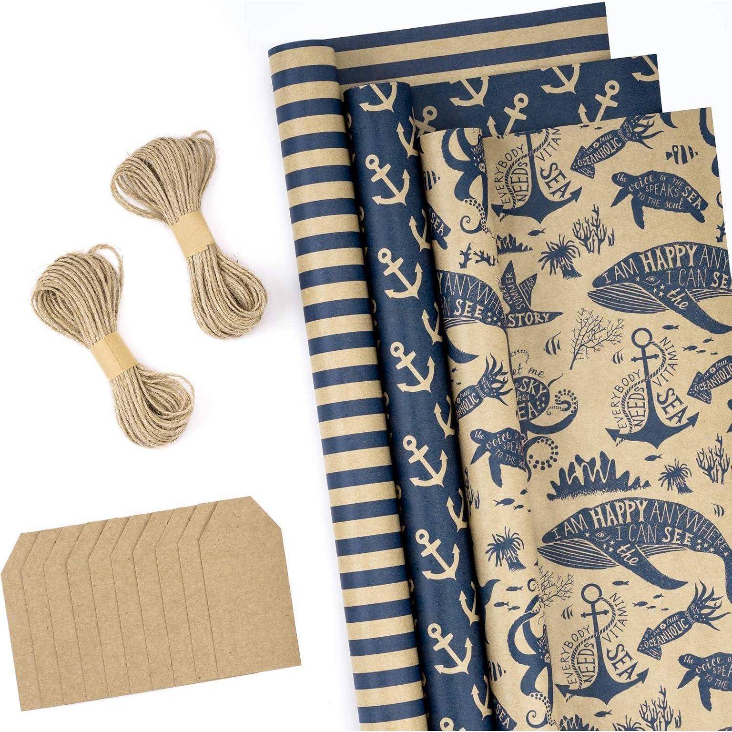 Packpapierrollen Etiketten Jute Schnur 43 cm 3 m 3 Stück Ozean
