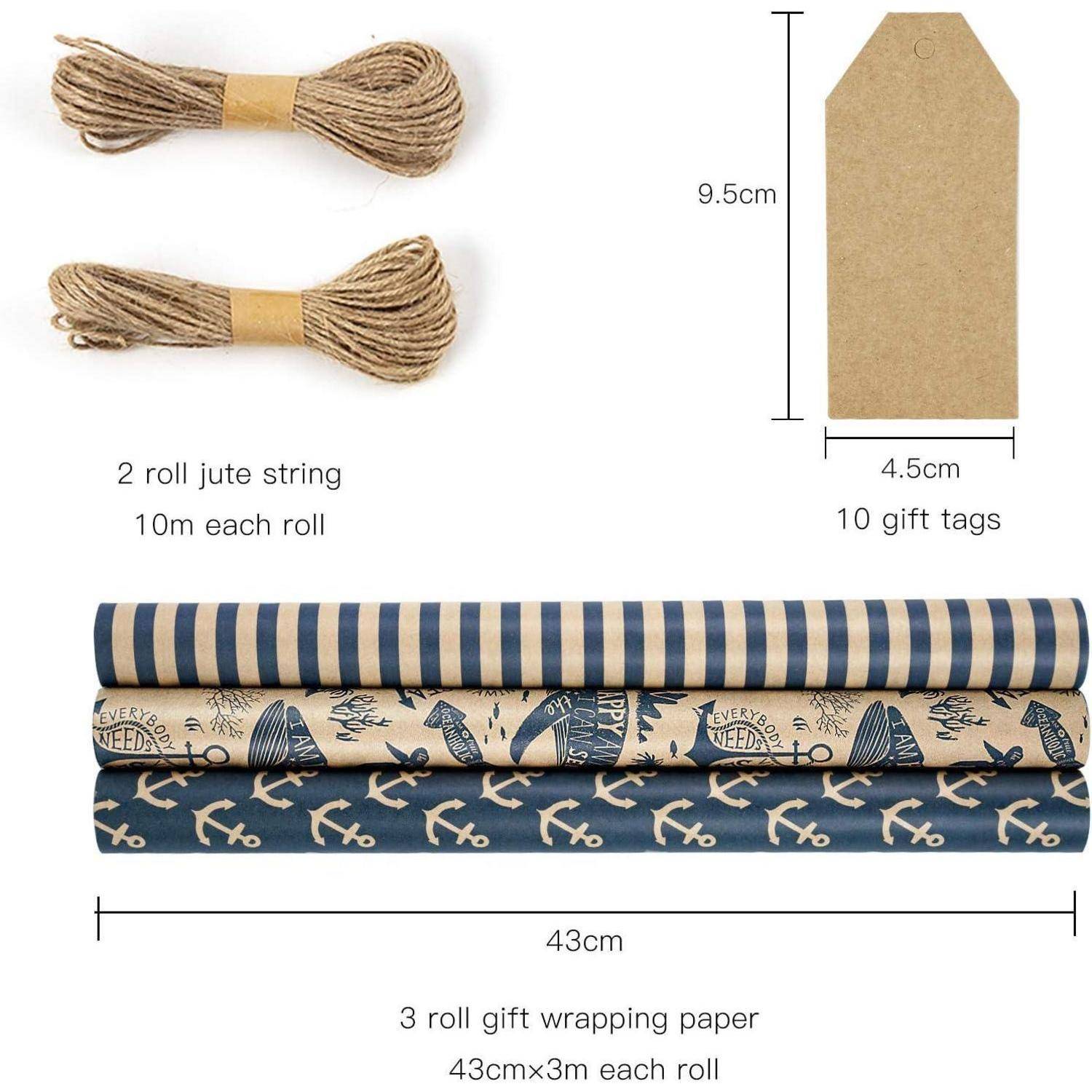 Packpapierrollen Etiketten Jute Schnur 43 cm 3 m 3 Stück Ozean