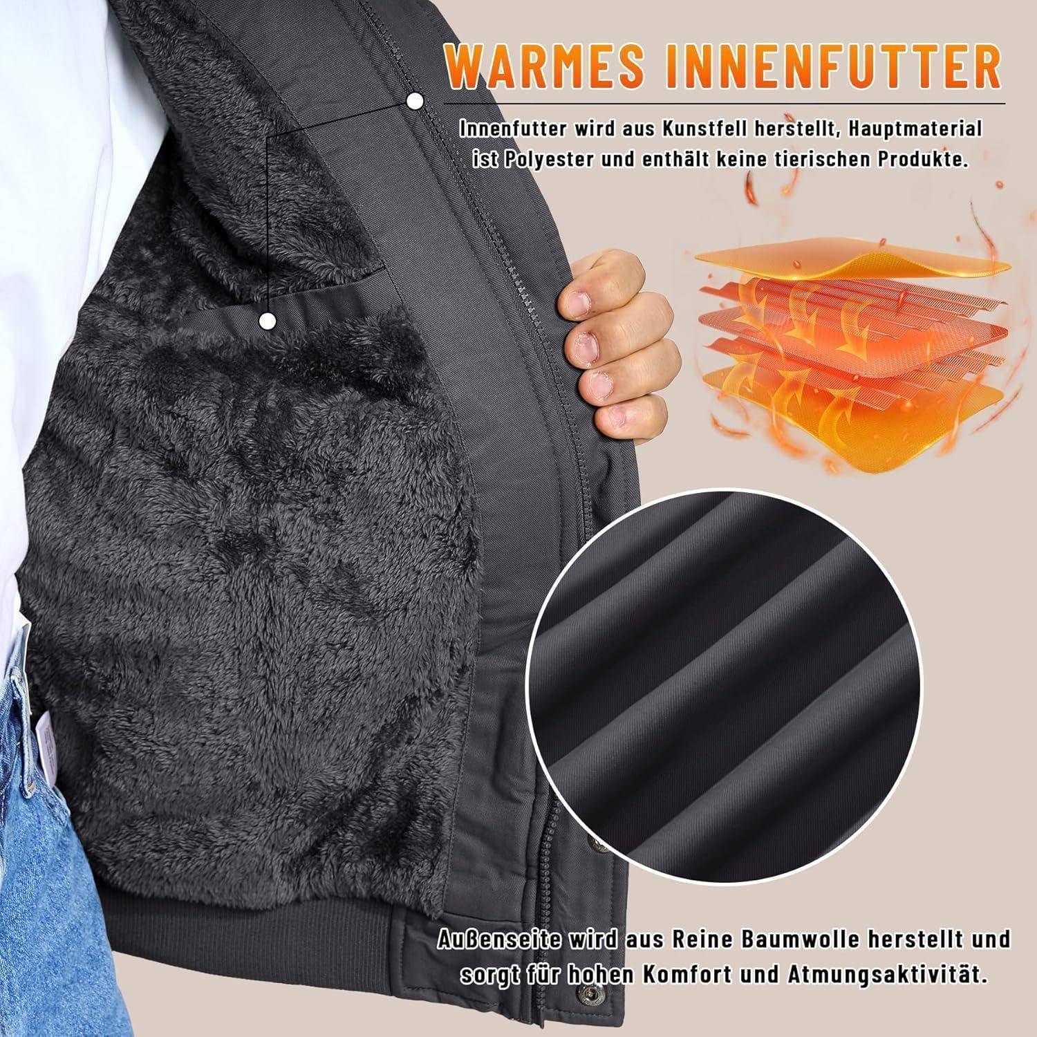 Eine Person hält eine Jacke offen, um die warme, flauschige Innenseite zu zeigen. Der Text hebt die 
