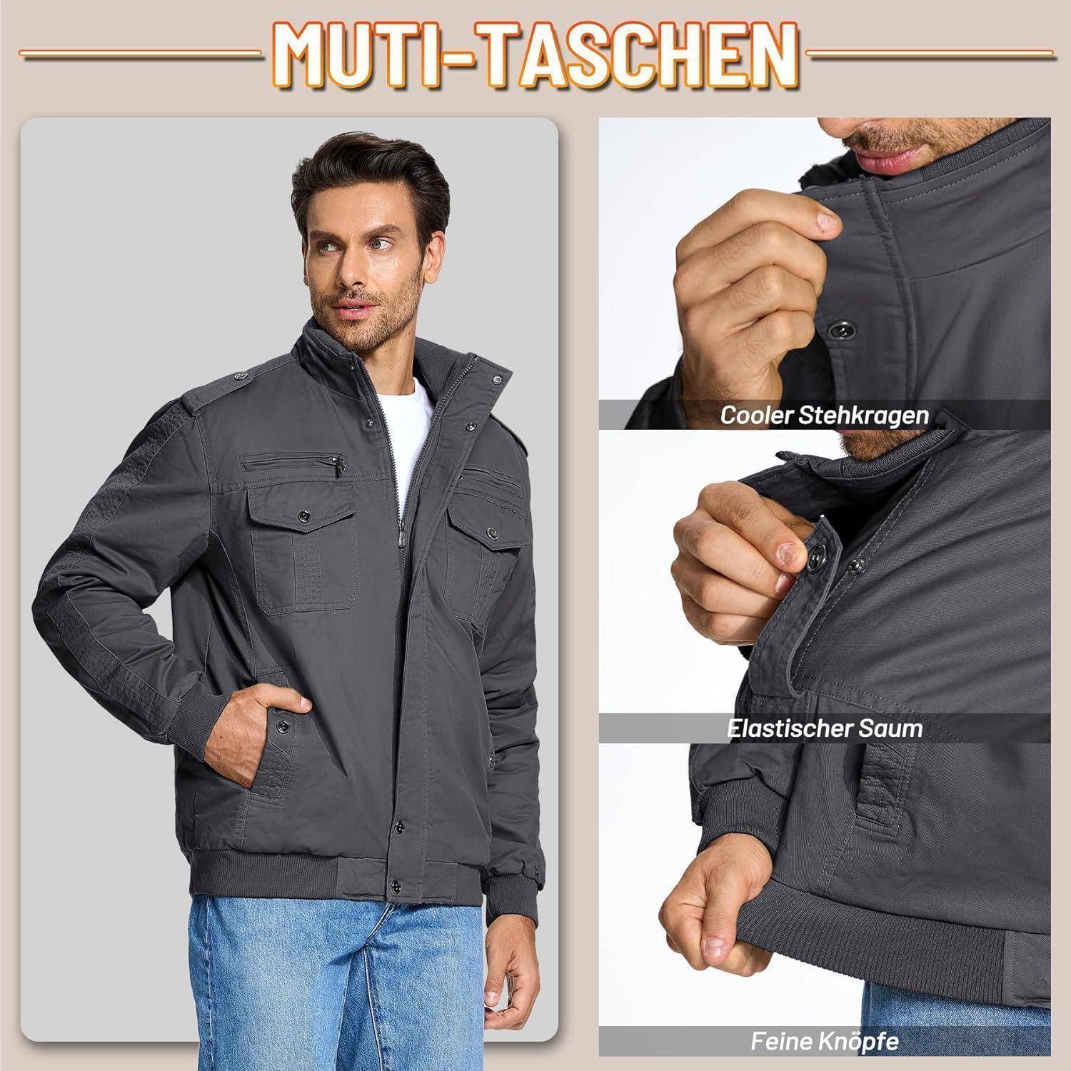 Ein Mann präsentiert eine graue Jacke mit hervorgehobenen Merkmalen: 'Cooler Stehkragen', 'Elastischer Saum', 'Feine Knöpfe' und mehreren Taschen.