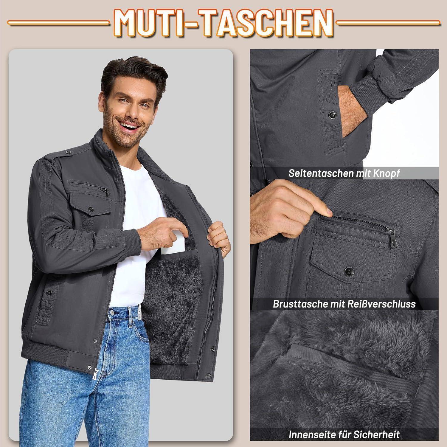 Ein Mann trägt eine graue Jacke mit mehreren Taschen. Die Jacke verfügt über eine seitliche Knopftasche, eine Reißverschlusstasche auf der Brust und eine Innentasche.
