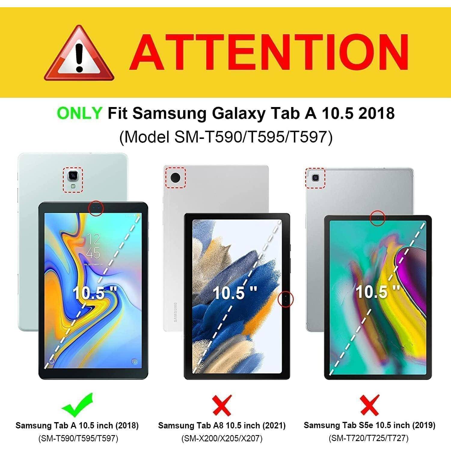ACHTUNG-Warnschild für Samsung Galaxy Tab A 10.5 (2018), Modell SM-T590/T595/T597. Bild zeigt kompatible und nicht kompatible Geräte.