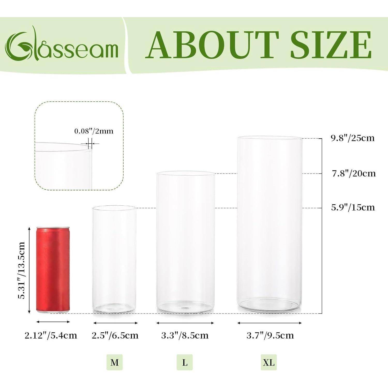 Moderne Glasvase Set Zylinder Tischdeko Blumenvase, 15/20/25cm, 2er